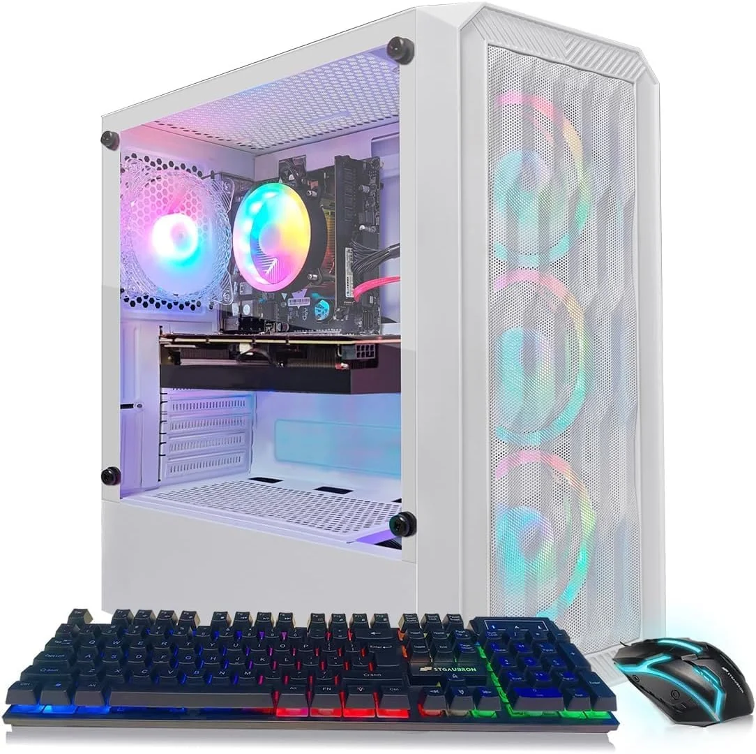 کامپیوتر رومیزی گیمینگ STGAubron، پردازنده Intel Core i5-9400F تا 4.3 گیگاهرتز، کارت گرافیک Radeon RX 590 8G، رم 16 گیگابایت DDR4، حافظه SSD 1 ترابایت، WiFi 6، BT 5.2، فن RGB x 6، ویندوز 11 هوم، سفید