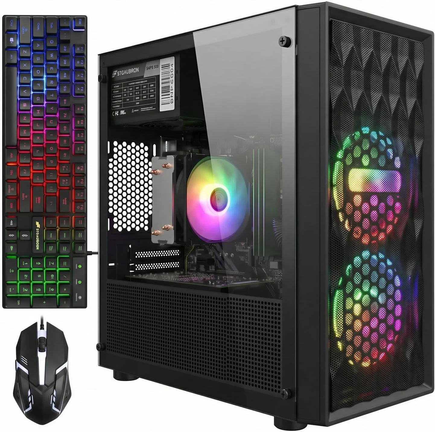 کامپیوتر رومیزی گیمینگ STGAubron، پردازنده AMD Ryzen 5 5500 تا 4.2 گیگاهرتز، کارت گرافیک GeForce RTX 3050 6G، رم 16 گیگابایتی DDR4، حافظه SSD 512 گیگابایتی، WiFi 6 و BT 5.0، فن RGB x 2، ویندوز 11 هوم