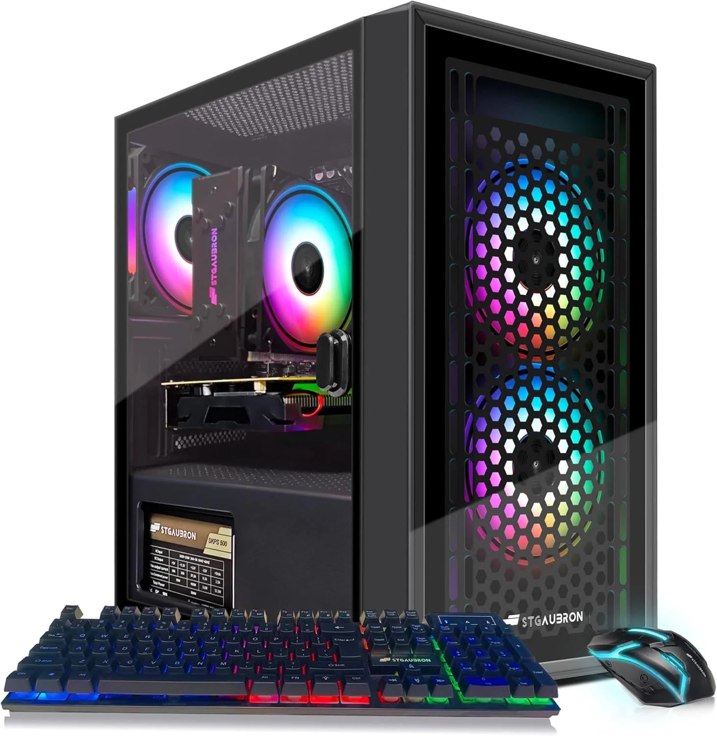 کامپیوتر رومیزی گیمینگ STGAubron، رادئون RX 560 4GB، اینتل i7 Xeon E5 تا 3.0GHz، رم 16GB، اس اس دی 512GB، وای فای، BT 5.0، فن RGB x3، ویندوز 10 هوم برای گیمر، استریمینگ