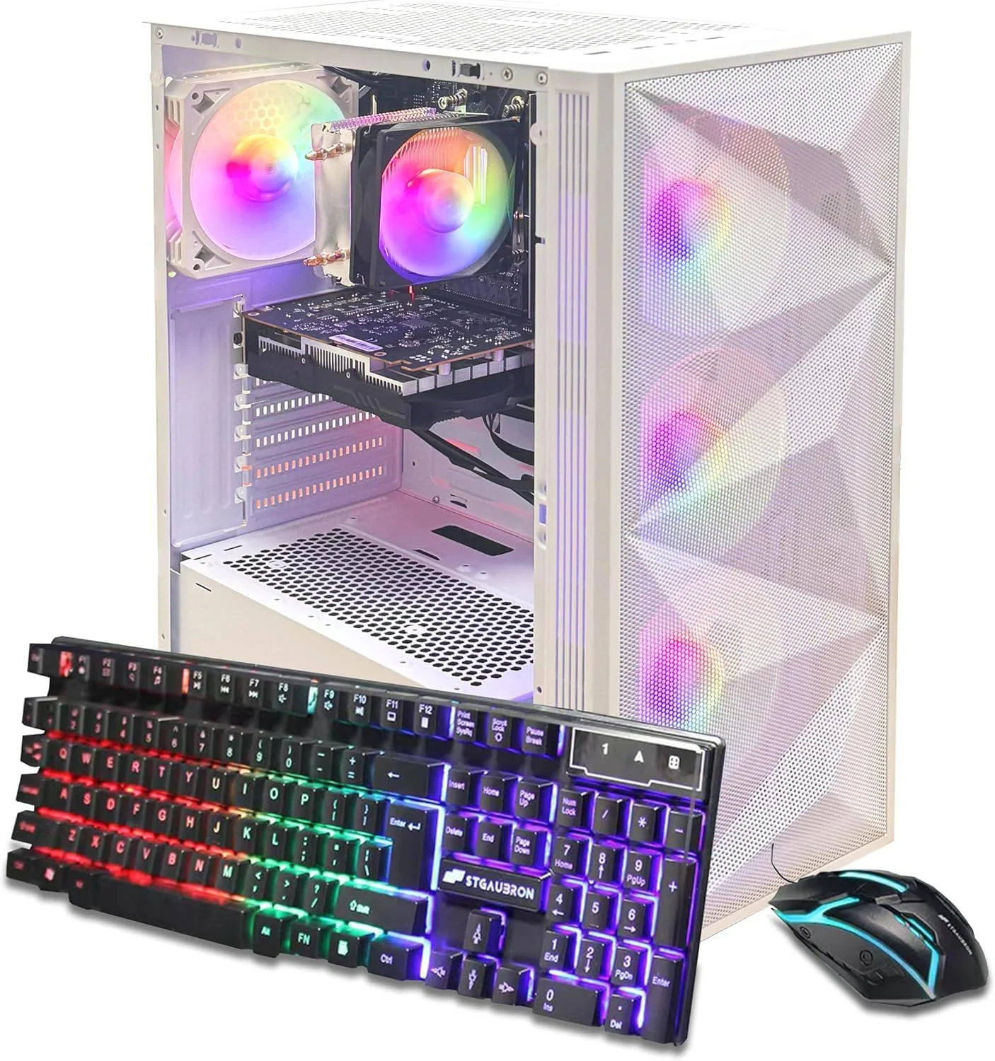کامپیوتر رومیزی گیمینگ STGAubron، پردازنده Intel Core i7 تا 3.9 گیگاهرتز، GeForce RTX 3050 6G، رم 32 گیگابایتی، SSD 512 گیگابایتی، WiFi 6، BT 5.0، فن RGB x 4، ویندوز 11 هوم، سفید