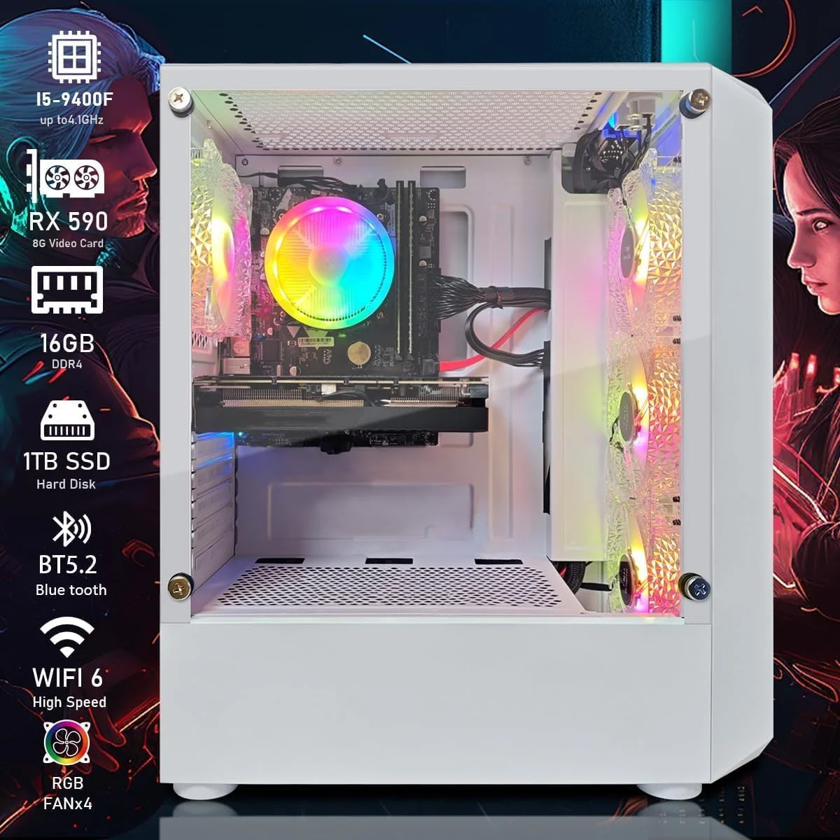 کامپیوتر رومیزی گیمینگ STGAubron، پردازنده Intel Core i5-9400F تا 4.3 گیگاهرتز، کارت گرافیک Radeon RX 590 8G، رم 16 گیگابایت DDR4، حافظه SSD 1 ترابایت، WiFi 6، BT 5.2، فن RGB x 6، ویندوز 11 هوم، سفید