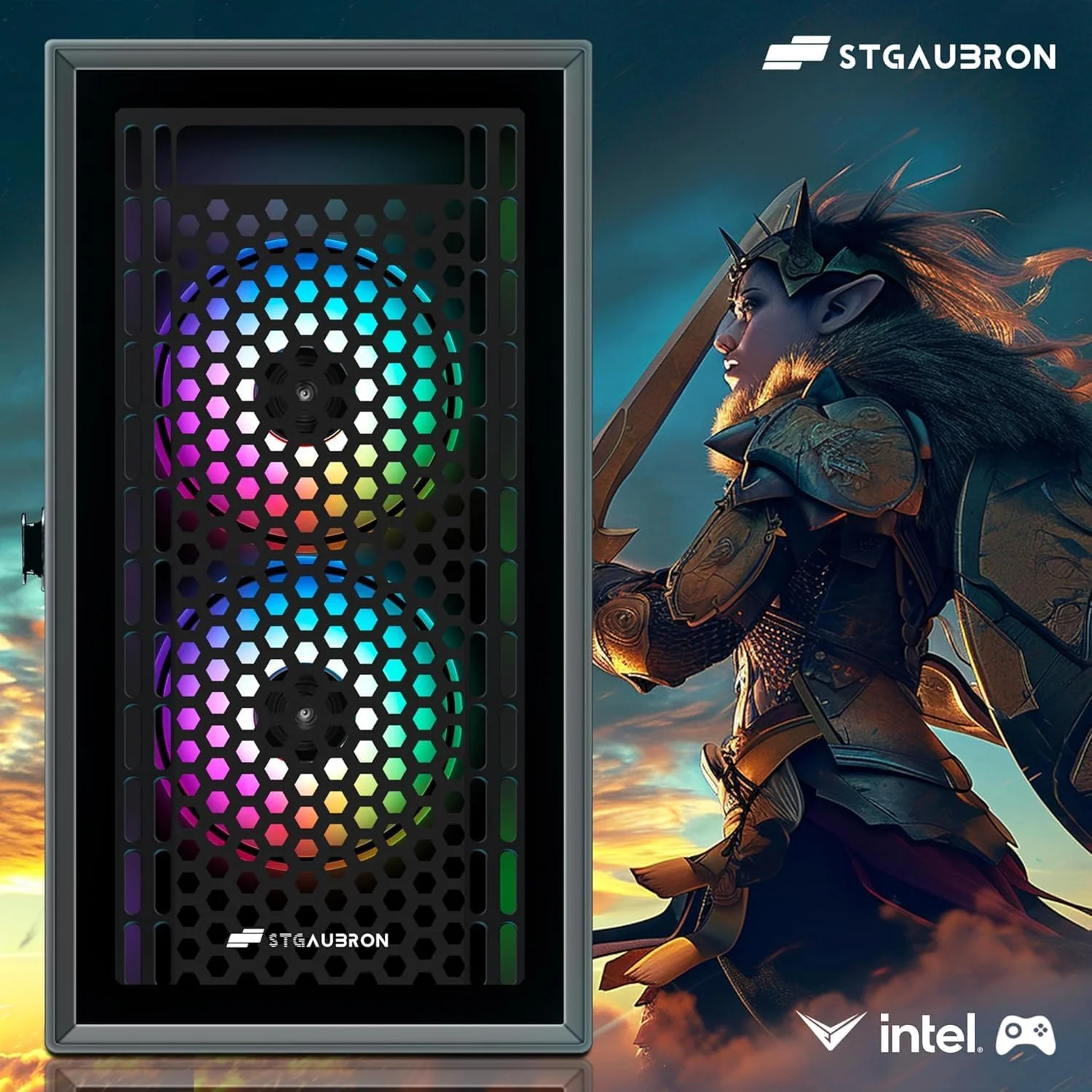 کامپیوتر رومیزی گیمینگ STGAubron، رادئون RX 560 4GB، اینتل i7 Xeon E5 تا 3.0GHz، رم 16GB، اس اس دی 512GB، وای فای، BT 5.0، فن RGB x3، ویندوز 10 هوم برای گیمر، استریمینگ