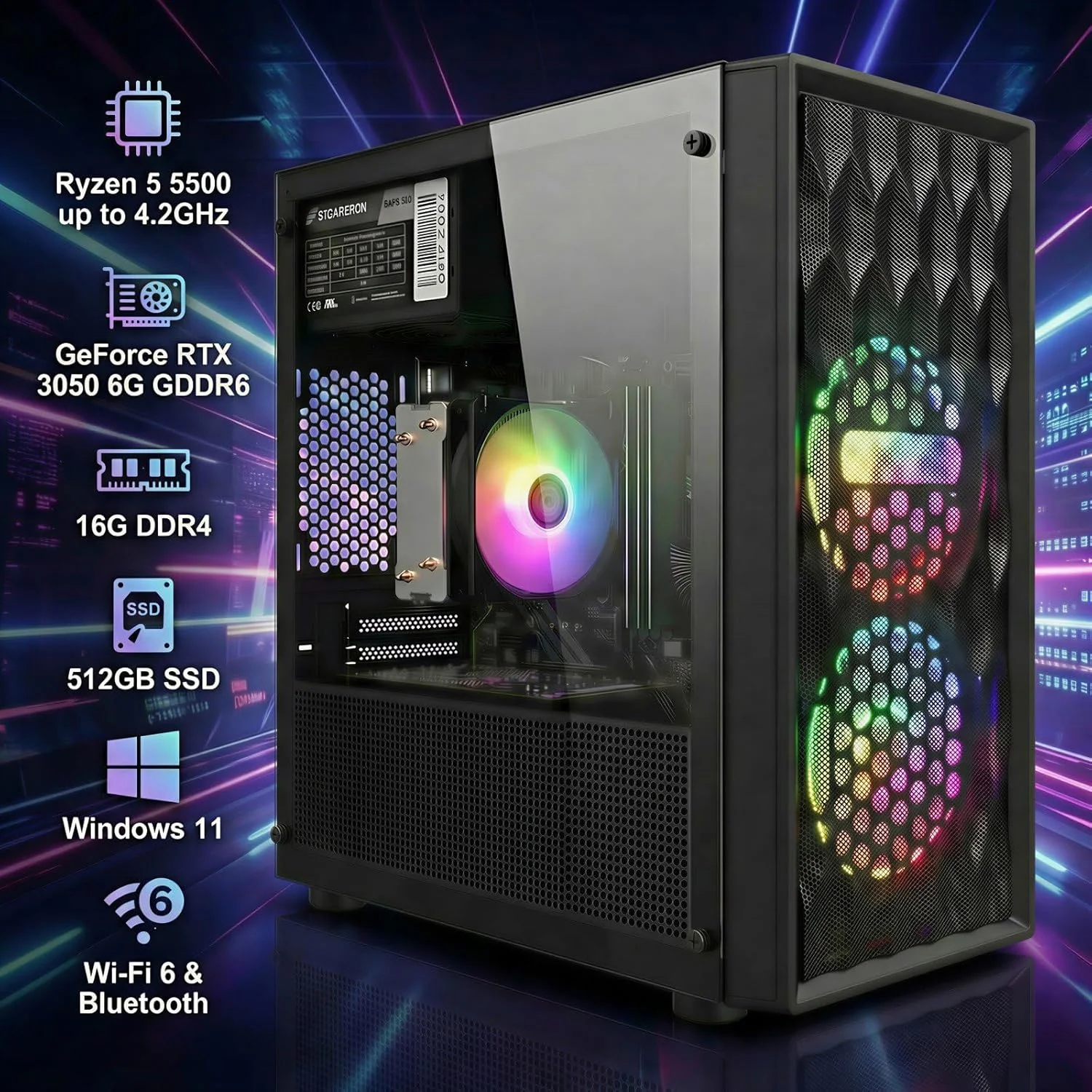 کامپیوتر رومیزی گیمینگ STGAubron، پردازنده AMD Ryzen 5 5500 تا 4.2 گیگاهرتز، کارت گرافیک GeForce RTX 3050 6G، رم 16 گیگابایتی DDR4، حافظه SSD 512 گیگابایتی، WiFi 6 و BT 5.0، فن RGB x 2، ویندوز 11 هوم - تصویر 2