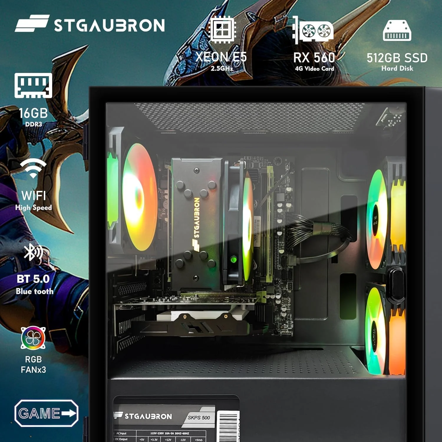 کامپیوتر رومیزی گیمینگ STGAubron، رادئون RX 560 4GB، اینتل i7 Xeon E5 تا 3.0GHz، رم 16GB، اس اس دی 512GB، وای فای، BT 5.0، فن RGB x3، ویندوز 10 هوم برای گیمر، استریمینگ