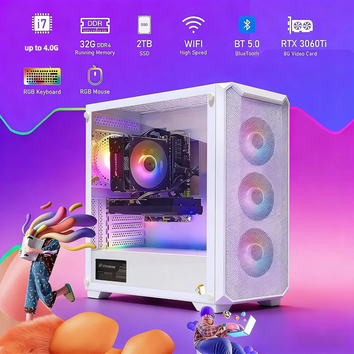کامپیوتر رومیزی گیمینگ STGAubron، پردازنده Intel Core i7-6700 تا 4.0 گیگاهرتز، کارت گرافیک GeForce RTX 3060 Ti 8G، رم 32 گیگابایت DDR4، حافظه SSD 2 ترابایت، WiFi 6، بلوتوث 5.0، فن RGB x 4، ویندوز 11 هوم