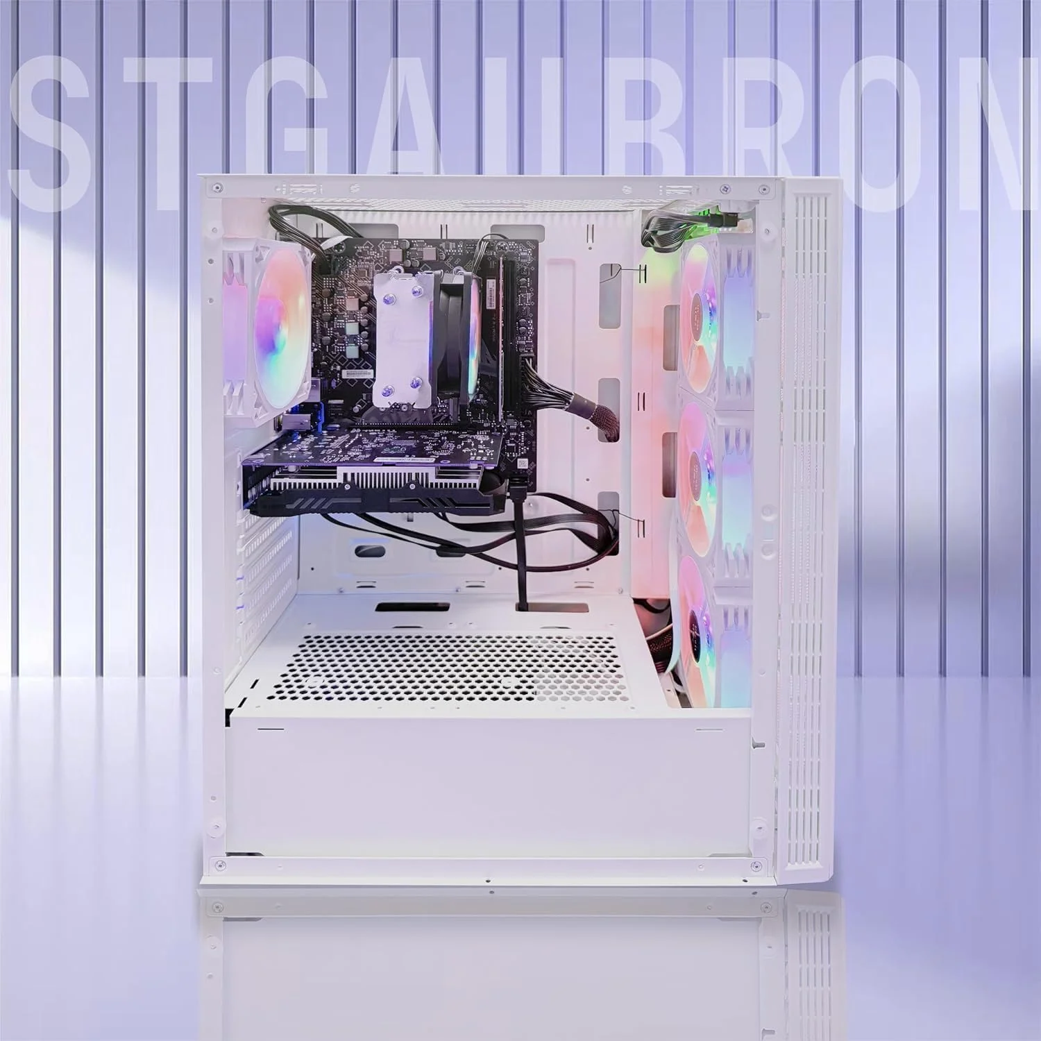 کامپیوتر رومیزی گیمینگ STGAubron، پردازنده Intel Core i7 تا 3.9 گیگاهرتز، GeForce RTX 3050 6G، رم 32 گیگابایتی، SSD 512 گیگابایتی، WiFi 6، BT 5.0، فن RGB x 4، ویندوز 11 هوم، سفید