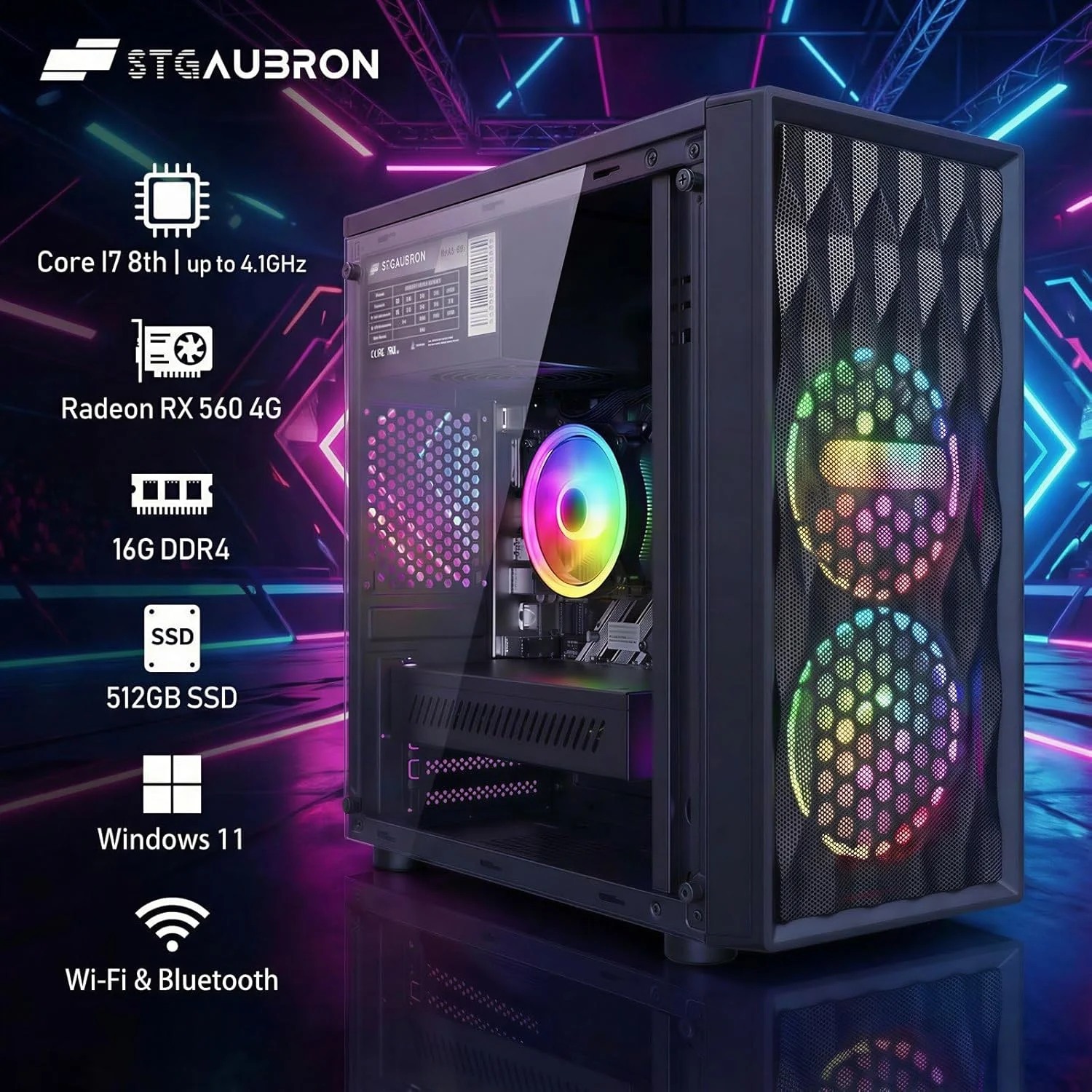 کامپیوتر رومیزی گیمینگ STGAubron، کارت گرافیک Radeon RX 560 4G، پردازنده Intel Core I7 نسل 8 تا 4.1 گیگاهرتز، 16 گیگابایت DDR4، 512 گیگابایت SSD، WiFi 6 و BT 5.2، فن RGB x2، ویندوز 11 هوم