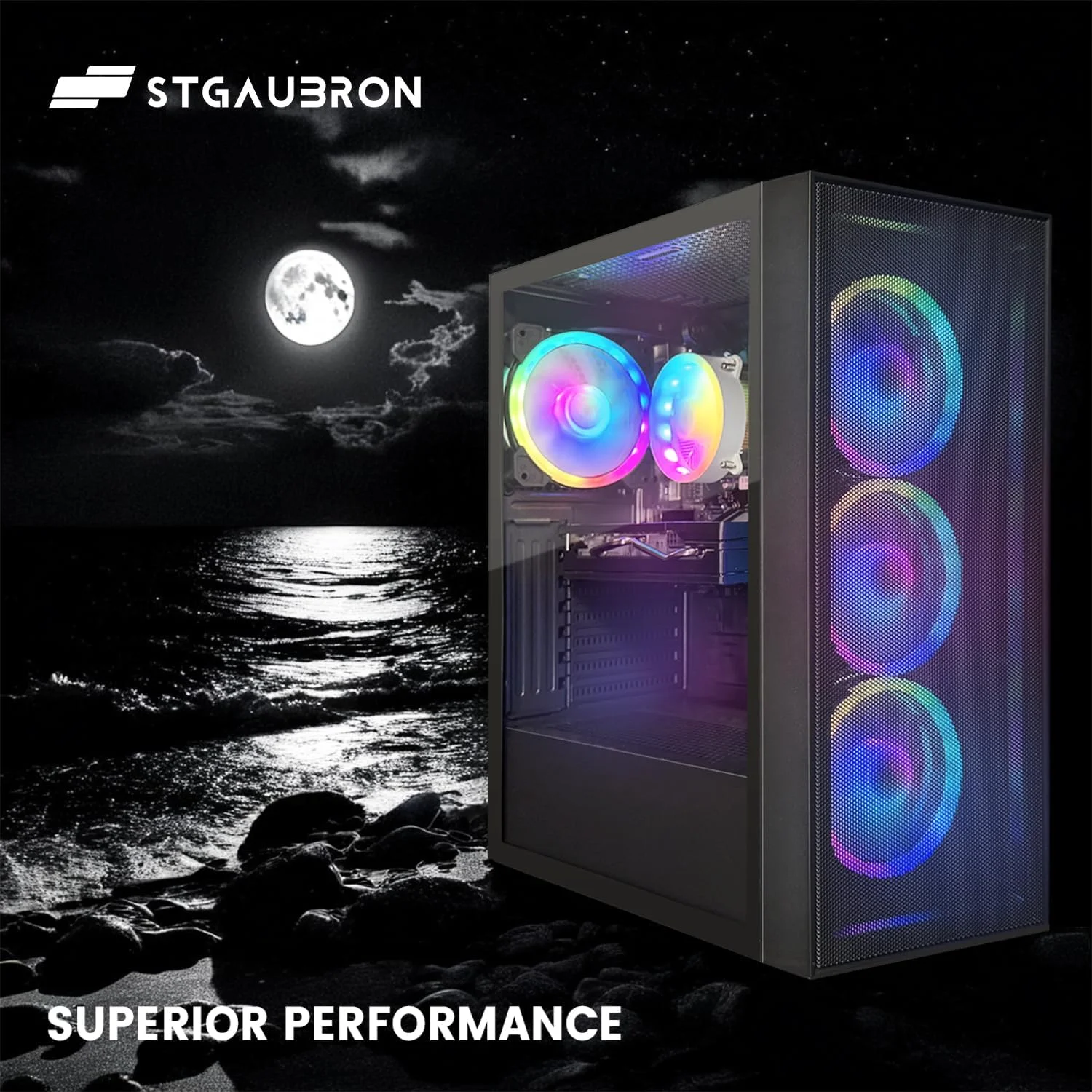 کامپیوتر رومیزی گیمینگ STGAubron، رادئون RX 580 8G، اینتل Core i7 نسل 8 تا 4.10 گیگاهرتز، 16 گیگابایت DDR4، 512 گیگابایت SSD، وای فای 6 و BT 5.2، فن RGB x4، ویندوز 11 هوم