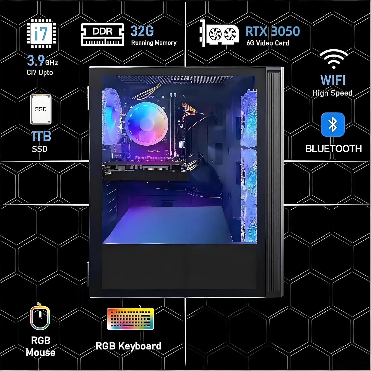 کامپیوتر رومیزی گیمینگ STGAubron، پردازنده Intel Core i7 3.4G تا 3.9G، رم 32G، حافظه SSD 1T، کارت گرافیک GeForce GTX 1660 Super 6G GDDR6، وای فای 600M، بلوتوث 5.0، فن RGB x 6، کیبورد و ماوس، پد ماوس، ساندبار بلوتوث، W10H64