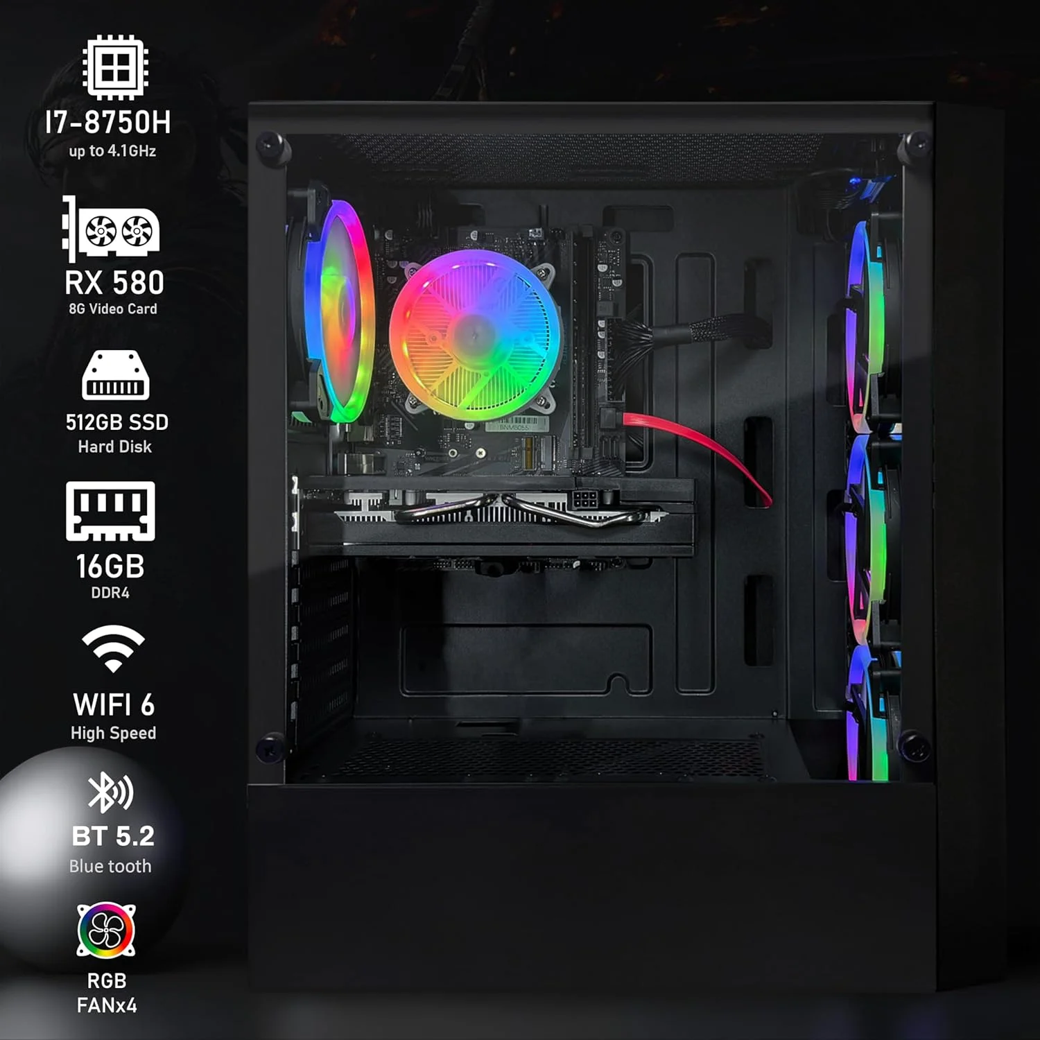 کامپیوتر رومیزی گیمینگ STGAubron، رادئون RX 580 8G، اینتل Core i7 نسل 8 تا 4.10 گیگاهرتز، 16 گیگابایت DDR4، 512 گیگابایت SSD، وای فای 6 و BT 5.2، فن RGB x4، ویندوز 11 هوم