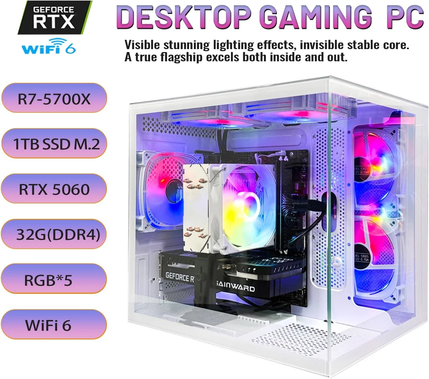 کامپیوتر رومیزی قدرتمند | Ryzen 7 5700X + RTX 5060 | 32 گیگابایت DDR4 + 1 ترابایت SSD | WIFI6 | مناسب برای طراحی اداری، برنامه نویسی، ویرایش ویدئو و کنسول بازی