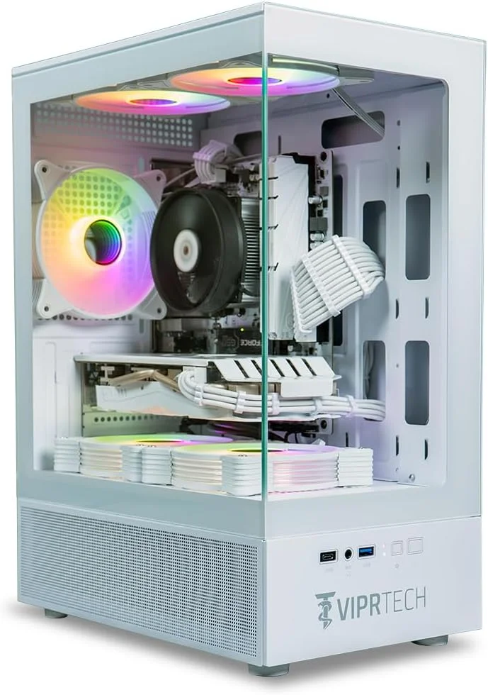 کامپیوتر گیمینگ ViprTech Stryker 1.0 - AMD Ryzen 7 (4.1GHz Turbo)، RX 580 8GB، 32GB DDR4 3200، 1TB NVMe SSD، منبع تغذیه 700W، WiFi BT USB-C، Win 11 Pro، RGB، کامپیوتر رومیزی اسمبل شده، سفید