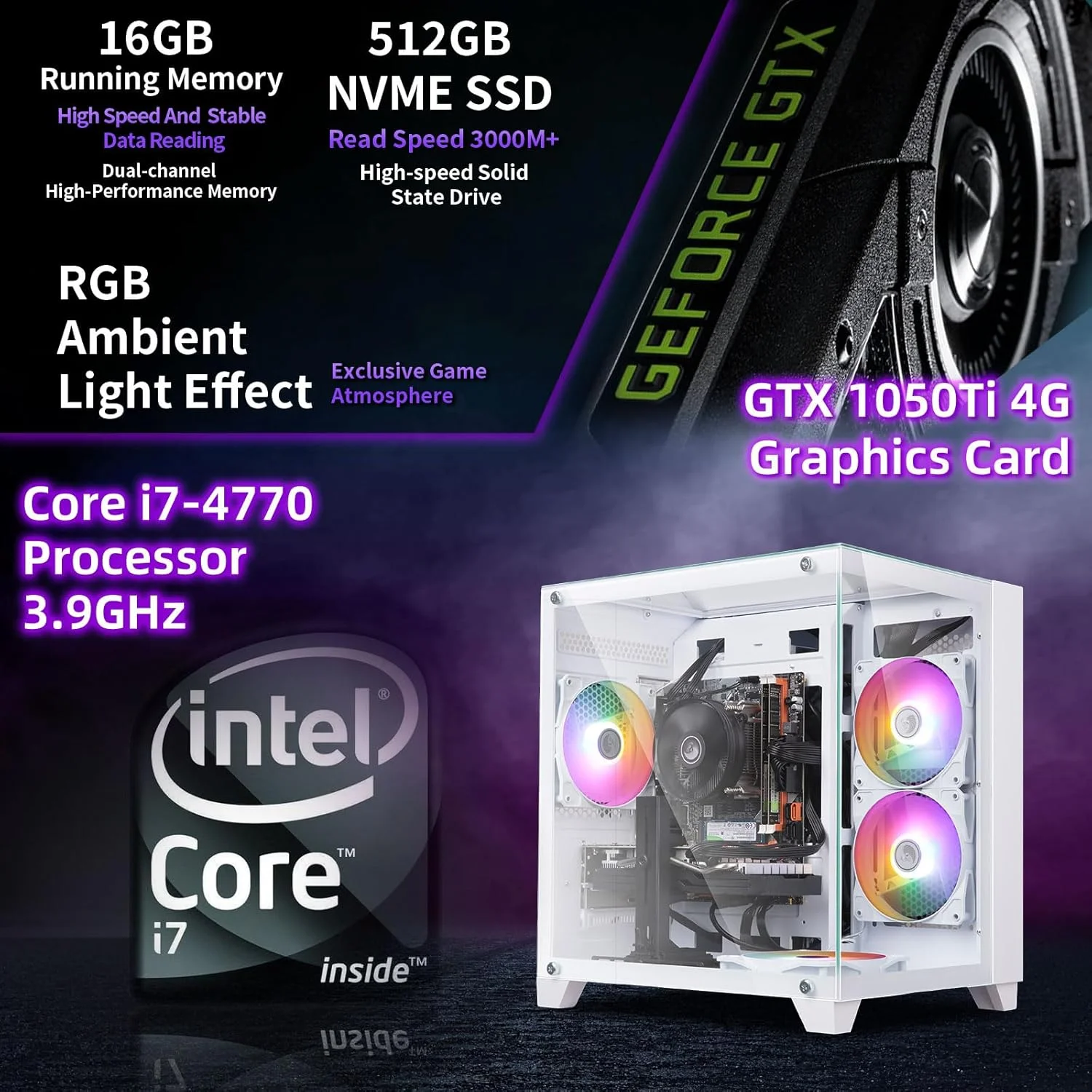کامپیوتر رومیزی گیمینگ، پردازنده Intel Core I7 تا 3.9 گیگاهرتز، کارت گرافیک GTX 1050Ti 4G GDDR5، رم 16G DDR4، حافظه SSD NVME 1TB، وای فای 5.0، کیس کامپیوتر گیمینگ اسمبل شده با 4 فن RGB