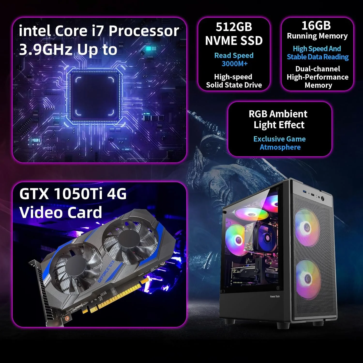 کامپیوتر رومیزی گیمینگ، کامپیوتر از پیش ساخته شده با پردازنده اینتل Core I7 تا 3.9 گیگاهرتز، GTX 1050Ti 4G، رم 16G DDR4، حافظه اس اس دی 1 ترابایتی NVME، فن خنک کننده ARGB، پشتیبانی از وای فای