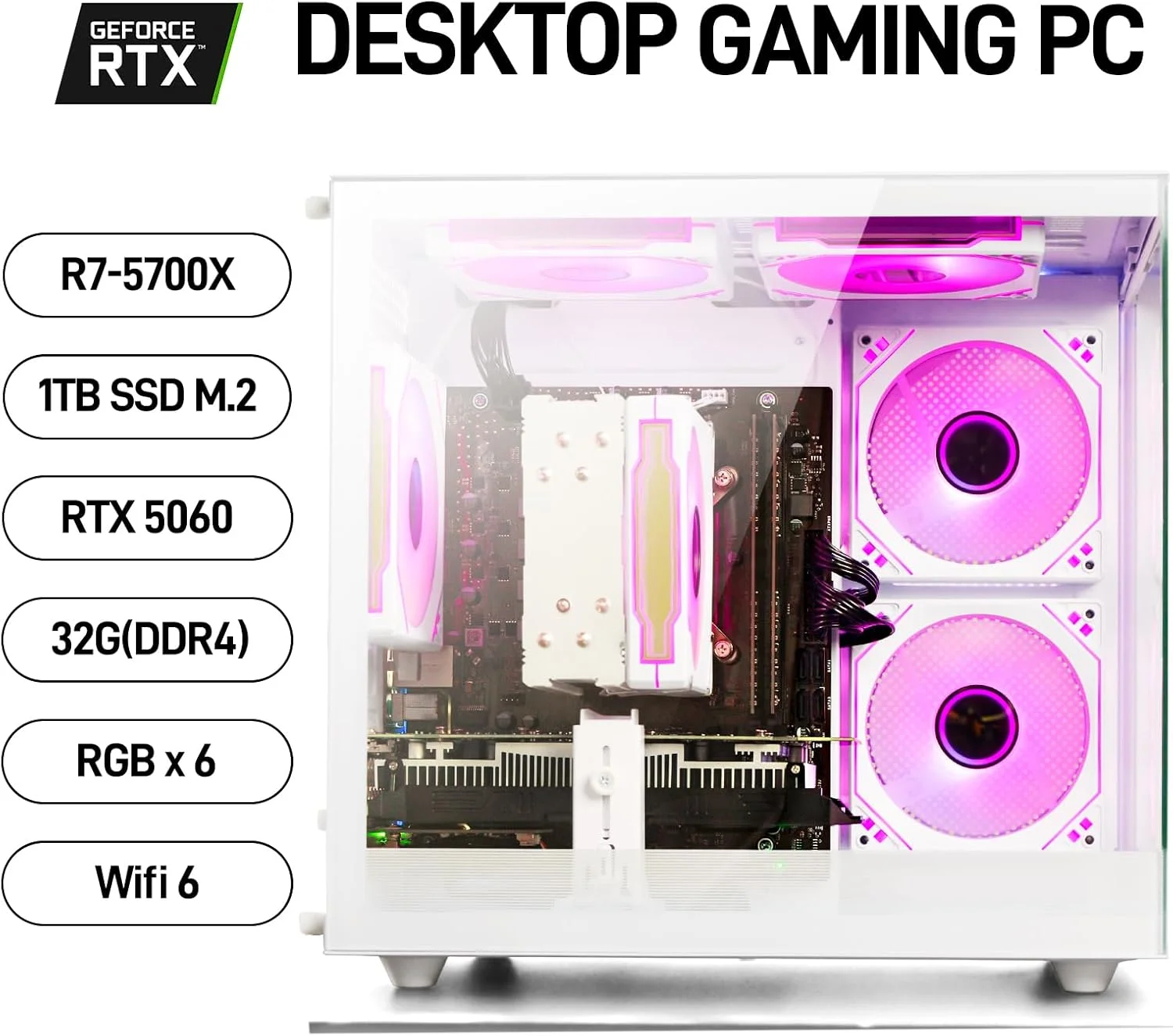 کامپیوتر رومیزی گیمینگ رایزن 7 5700X، GeForce RTX 5060، رم 32 گیگابایتی DDR4، SSD NVME 1 ترابایتی، کیس اسمبل شده برای گیمینگ و کاربری خانگی (سفید)