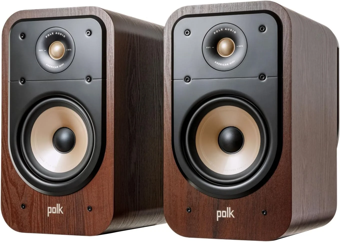 اسپیکر قفسه کتابی Polk Audio Signature Elite ES20 - دارای گواهینامه Hi-Res، سازگار با Dolby Atmos & DTS:X، تیوتر 1 اینچی و ووفر 6.5 اینچی، فناوری Power Port برای بیس قدرتمند (جفت، گردویی مدرن)