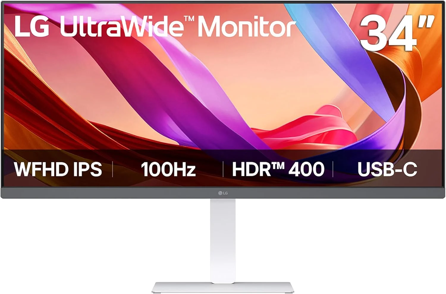 مانیتور فوق عریض 34 اینچی ال‌جی مدل 34U530A-W با کیفیت QHD (2560 x 1440)، پنل IPS، نرخ تازه‌سازی 100 هرتز، VESA DisplayHDR 400، دارای پورت‌های HDMI، DisplayPort، USB Type-C، پایه با قابلیت تنظیم ارتفاع/چرخش/شیب، رنگ سفید