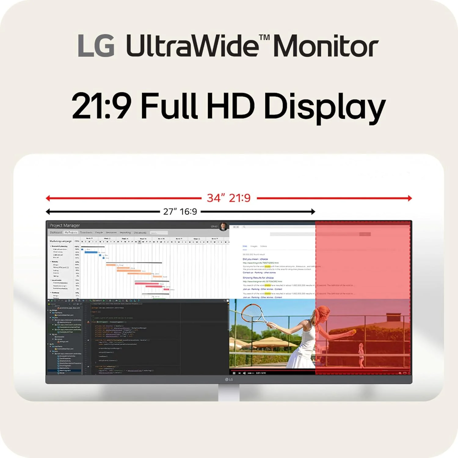مانیتور فوق عریض 34 اینچی ال‌جی مدل 34U530A-W با کیفیت QHD (2560 x 1440)، پنل IPS، نرخ تازه‌سازی 100 هرتز، VESA DisplayHDR 400، دارای پورت‌های HDMI، DisplayPort، USB Type-C، پایه با قابلیت تنظیم ارتفاع/چرخش/شیب، رنگ سفید