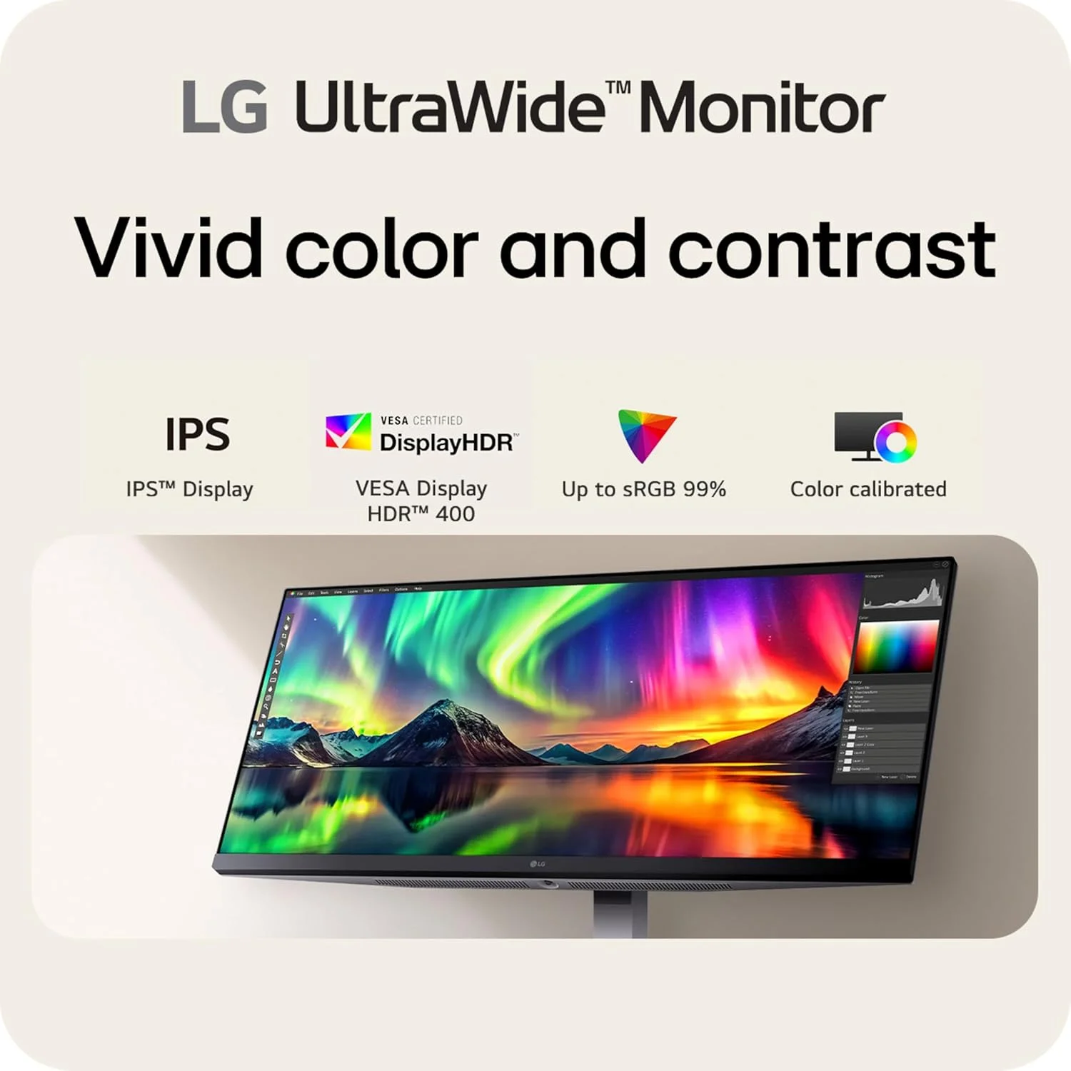 مانیتور فوق عریض 34 اینچی ال‌جی مدل 34U530A-W با کیفیت QHD (2560 x 1440)، پنل IPS، نرخ تازه‌سازی 100 هرتز، VESA DisplayHDR 400، دارای پورت‌های HDMI، DisplayPort، USB Type-C، پایه با قابلیت تنظیم ارتفاع/چرخش/شیب، رنگ سفید