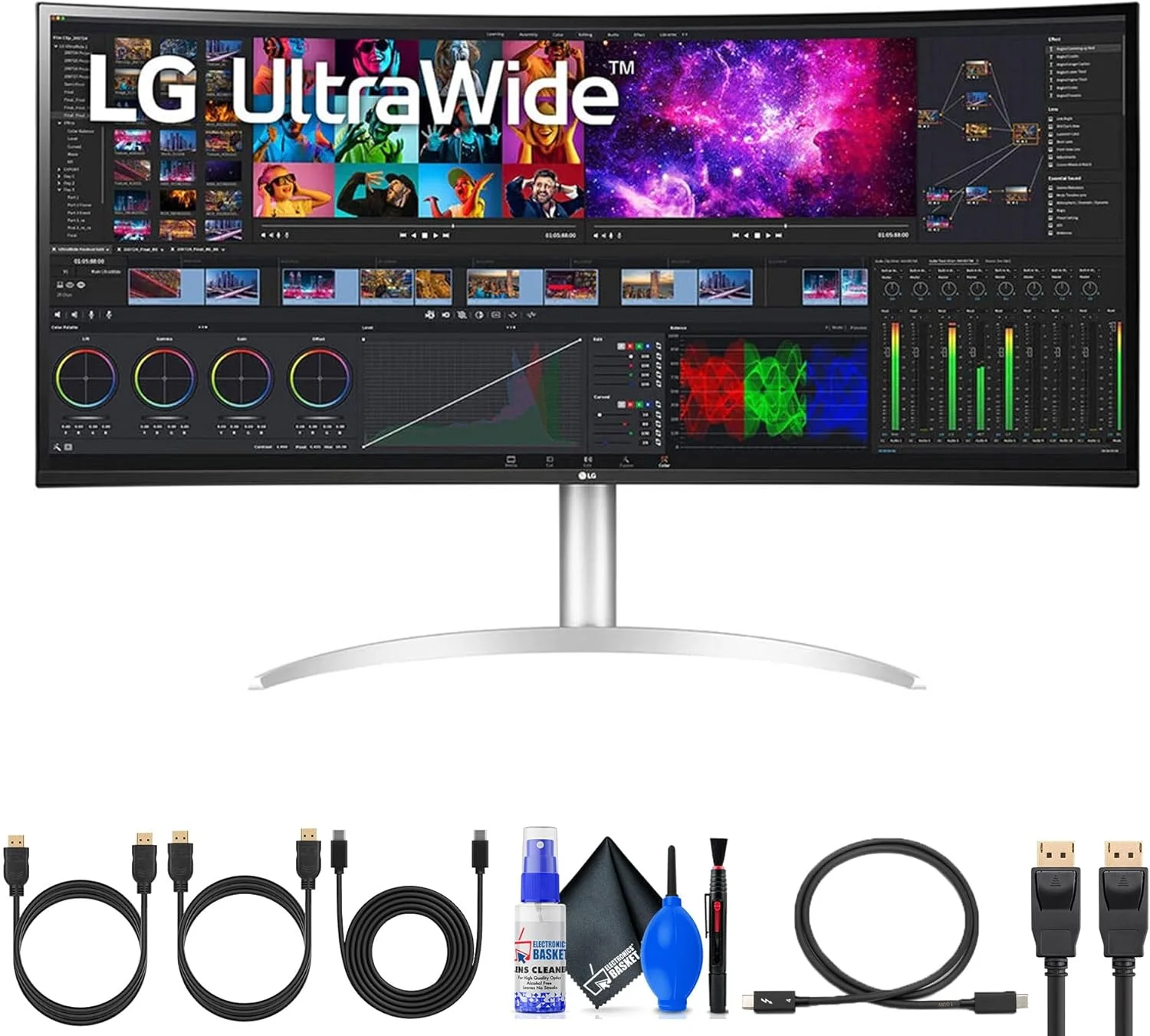 مانیتور خمیده فوق عریض ال‌جی مدل 40WP95C-W با ابعاد 39.7 اینچ، نسبت تصویر 21:9، رزولوشن 5K2K و فناوری FreeSync به همراه کیت تمیز کننده، کابل USBC و کابل HDMI