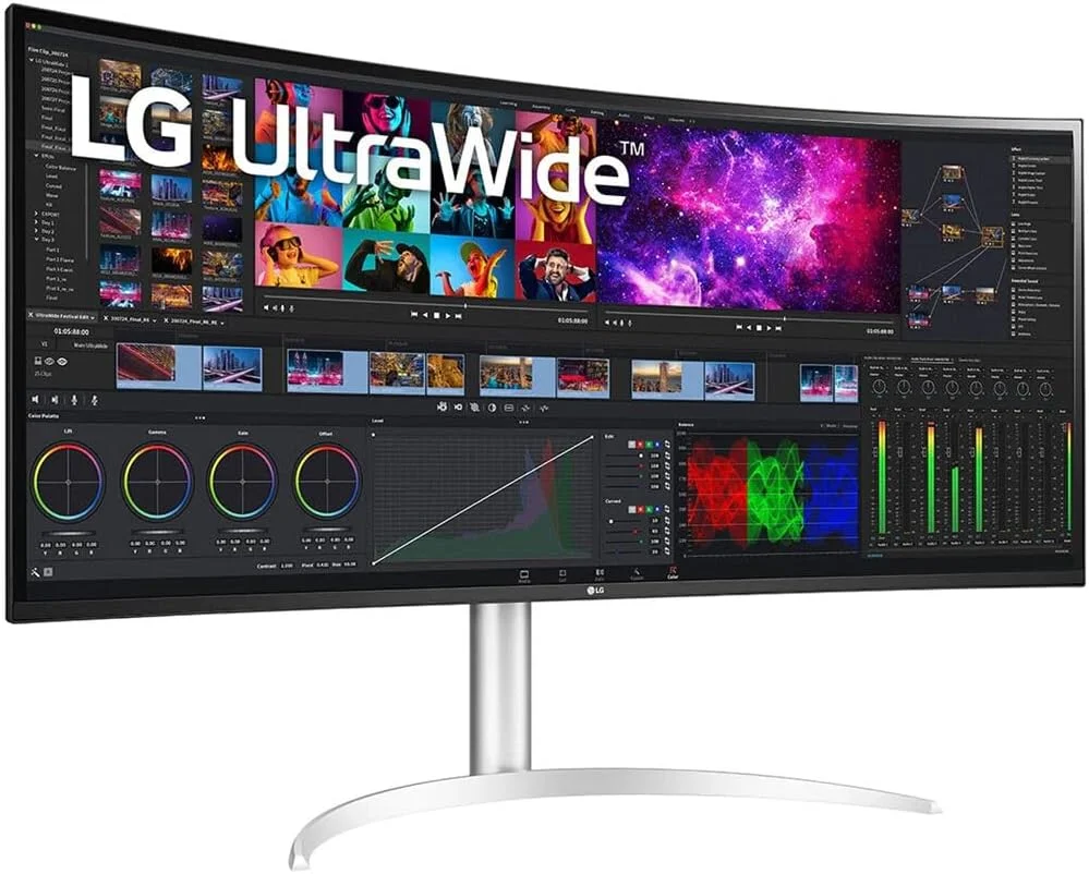 مانیتور خمیده فوق عریض ال‌جی مدل 40WP95C-W با ابعاد 39.7 اینچ، نسبت تصویر 21:9، رزولوشن 5K2K و فناوری FreeSync به همراه کیت تمیز کننده، کابل USBC و کابل HDMI