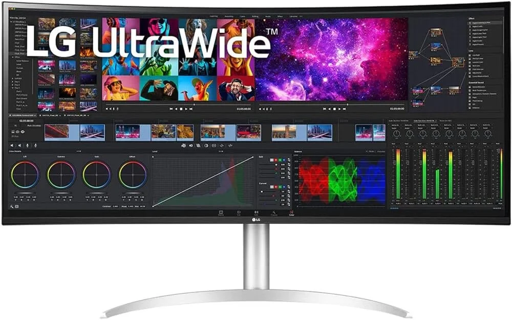 مانیتور خمیده فوق عریض ال‌جی مدل 40WP95C-W با ابعاد 39.7 اینچ، نسبت تصویر 21:9، رزولوشن 5K2K و فناوری FreeSync به همراه کیت تمیز کننده، کابل USBC و کابل HDMI