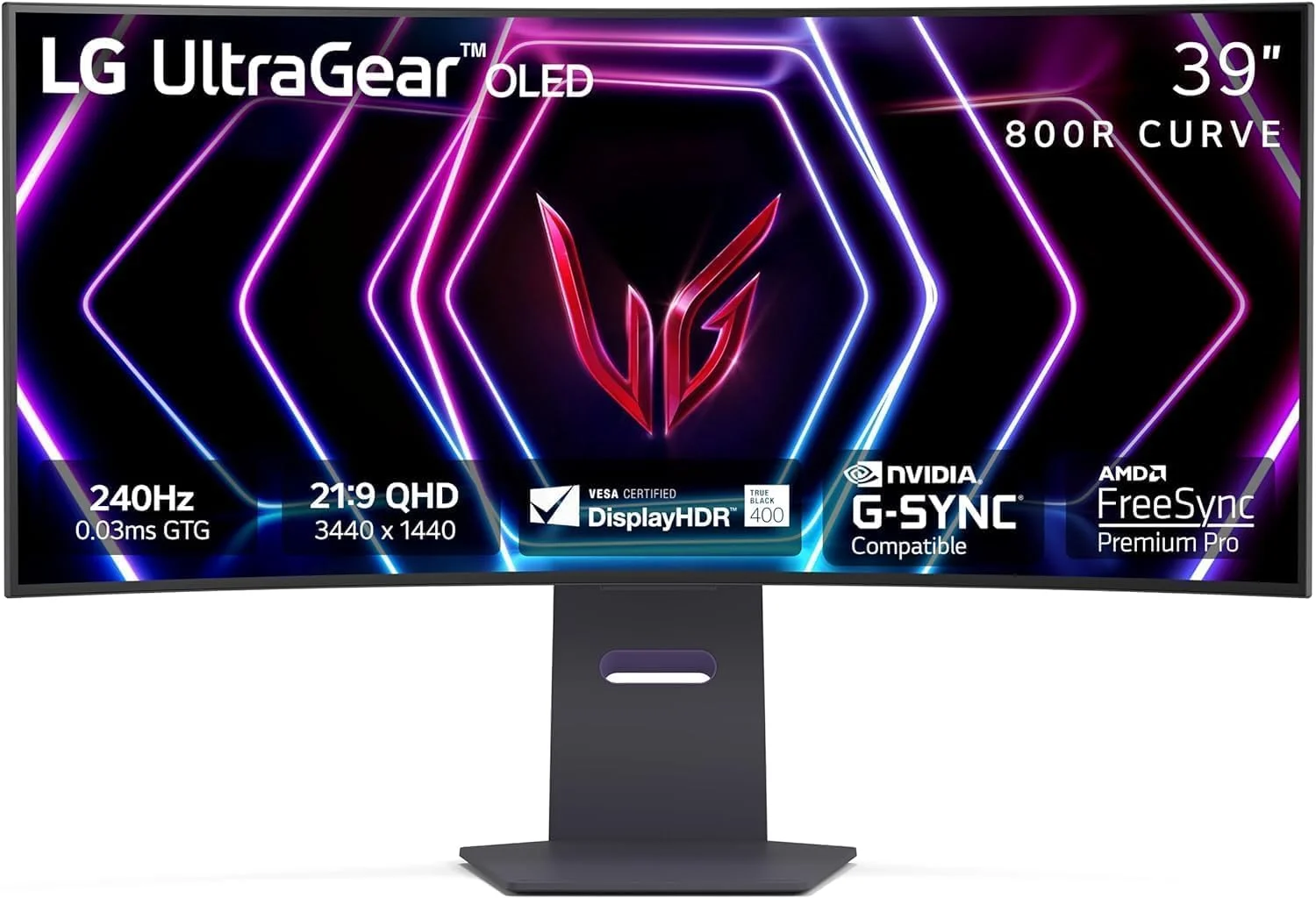 مانیتور گیمینگ خمیده اولد 39 اینچی ال‌جی مدل 39GS95QE Ultragear با رزولوشن WQHD، انحنای 800R، نرخ تازه‌سازی 240 هرتز، زمان پاسخ‌گویی 0.03 میلی‌ثانیه، DisplayHDR True Black 400، AMD FreeSync Premium Pro، NVIDIA G-Sync، HDMI 2.1، DisplayPort، قابلیت تنظیم ارتفاع/شیب/چرخش، رنگ مشکی