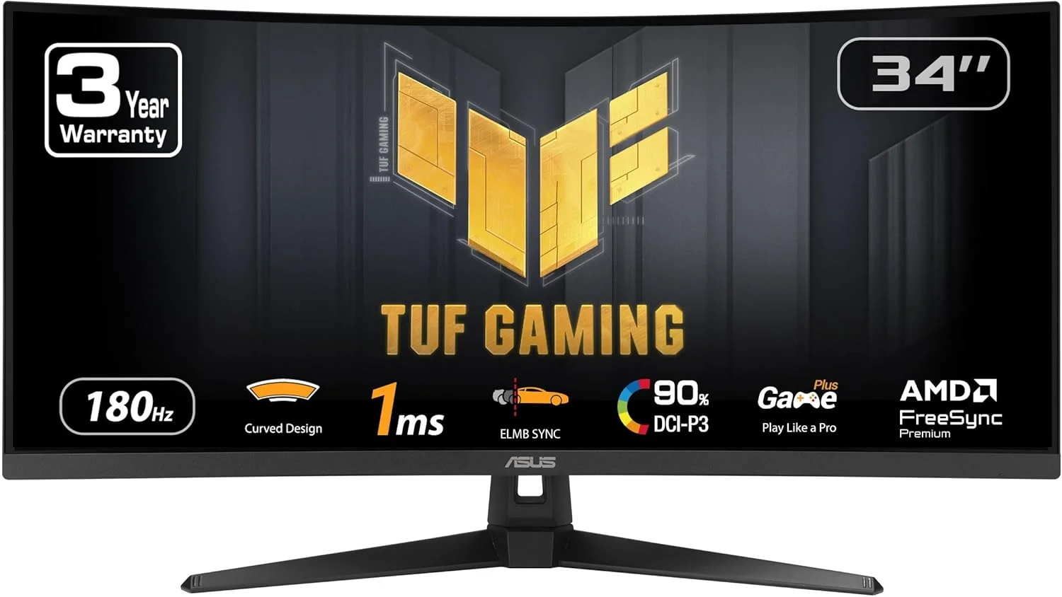 مانیتور خمیده فوق عریض گیمینگ ایسوس TUF سایز 34 اینچ (VG34VQ3B) - نسبت تصویر 21:9 QHD (3440x1440)، نرخ نوسازی 180 هرتز، زمان پاسخگویی 1 میلی‌ثانیه، Extreme Low Motion Blur Sync، FreeSync Premium، بلندگو، پوشش 90% DCI-P3، DisplayWidget Center