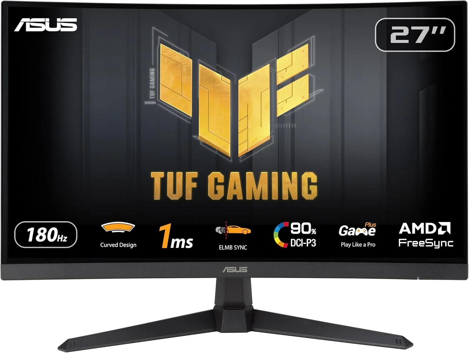 مانیتور گیمینگ 27 اینچی خمیده ایسوس TUF Gaming VG27VQ3B: فول اچ دی، 180 هرتز، FreeSync، زمان پاسخگویی 1 میلی‌ثانیه، نرخ تازه‌سازی 180 هرتز، 90% DCI-P3، DisplayWidget Center، Extreme Low Motion Blur (ELMB) - مشکی