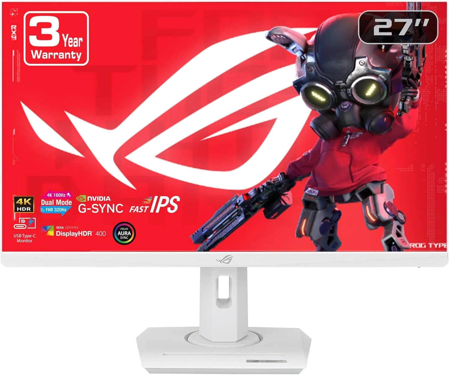 مانیتور گیمینگ 27 اینچی 4K HDR USB-C ایسوس ROG Strix (XG27UCG-W) - سفید، UHD (3840x2160) حالت دوگانه (4K 160Hz یا FHD 320Hz)، 1ms، Fast IPS، ELMB Sync، سازگار با G-SYNC، هوش مصنوعی گیمینگ