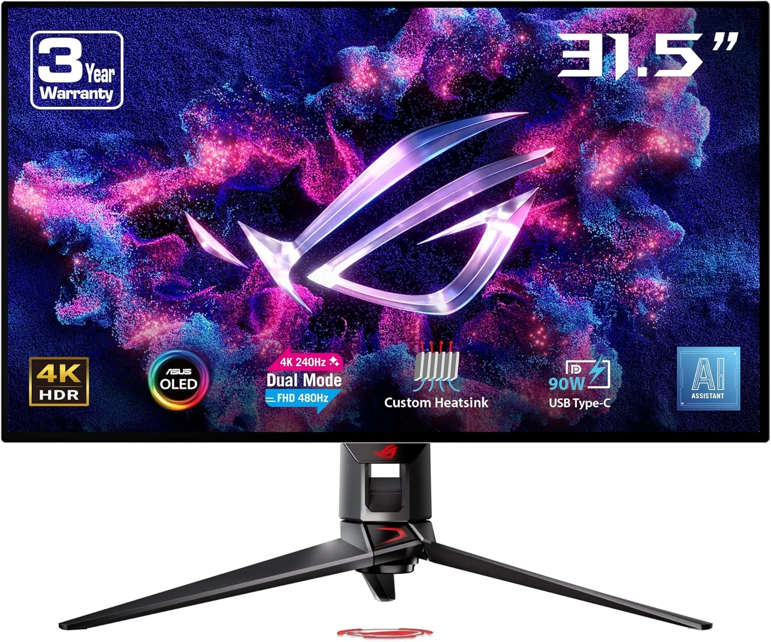 مانیتور گیمینگ ایسوس ROG Swift PG32UCDP – نمایشگر 31.5 اینچی OLED، حالت دوگانه (4K 240Hz و FHD 480Hz)، زمان پاسخگویی 0.03 میلی‌ثانیه، دستیار هوش مصنوعی، ضد پرش تصویر، هیت سینک سفارشی، Type-C (90W)، DisplayWidget Center