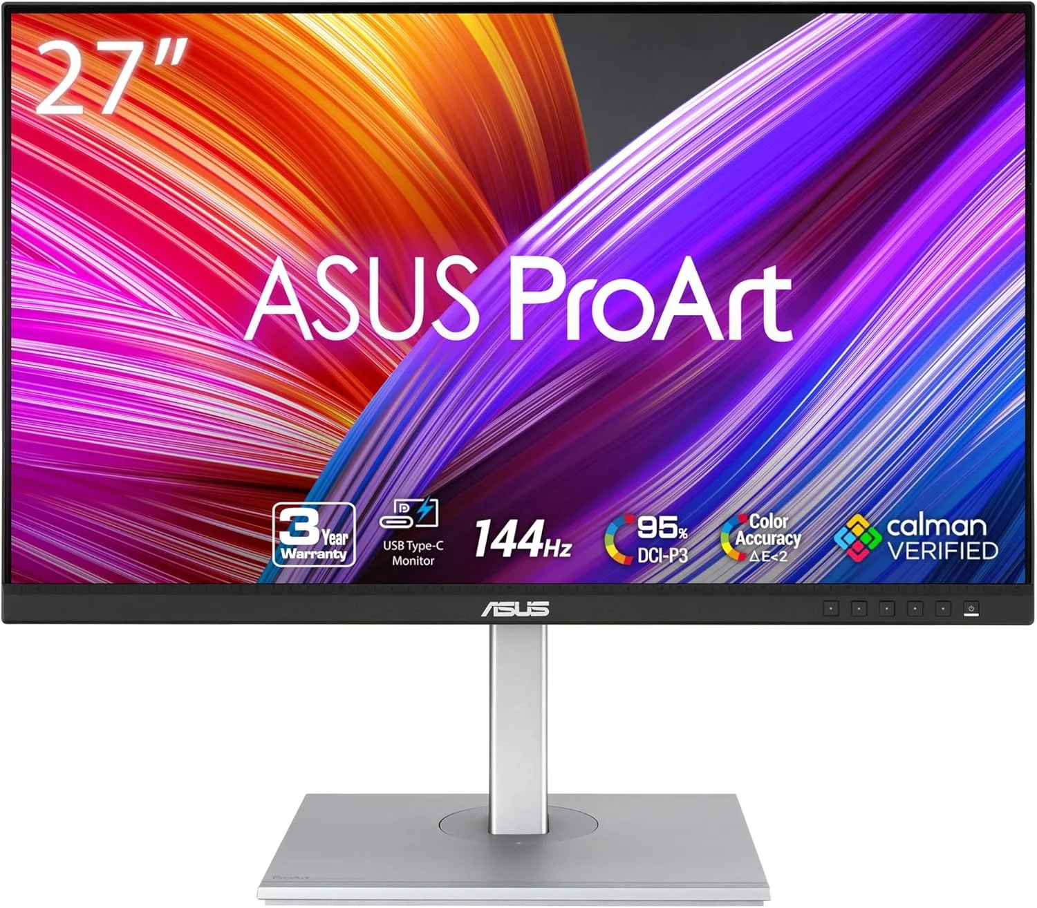 مانیتور حرفه ای 27 اینچی ASUS ProArt Display (PA278CGV) - IPS، QHD (2560 x 1440)، 144 هرتز، 95% DCI-P3، ΔE < 2، تایید شده توسط Calman، USB-C PD 90W، FreeSync Premium، DisplayHDR 400، قابلیت تنظیم ارتفاع