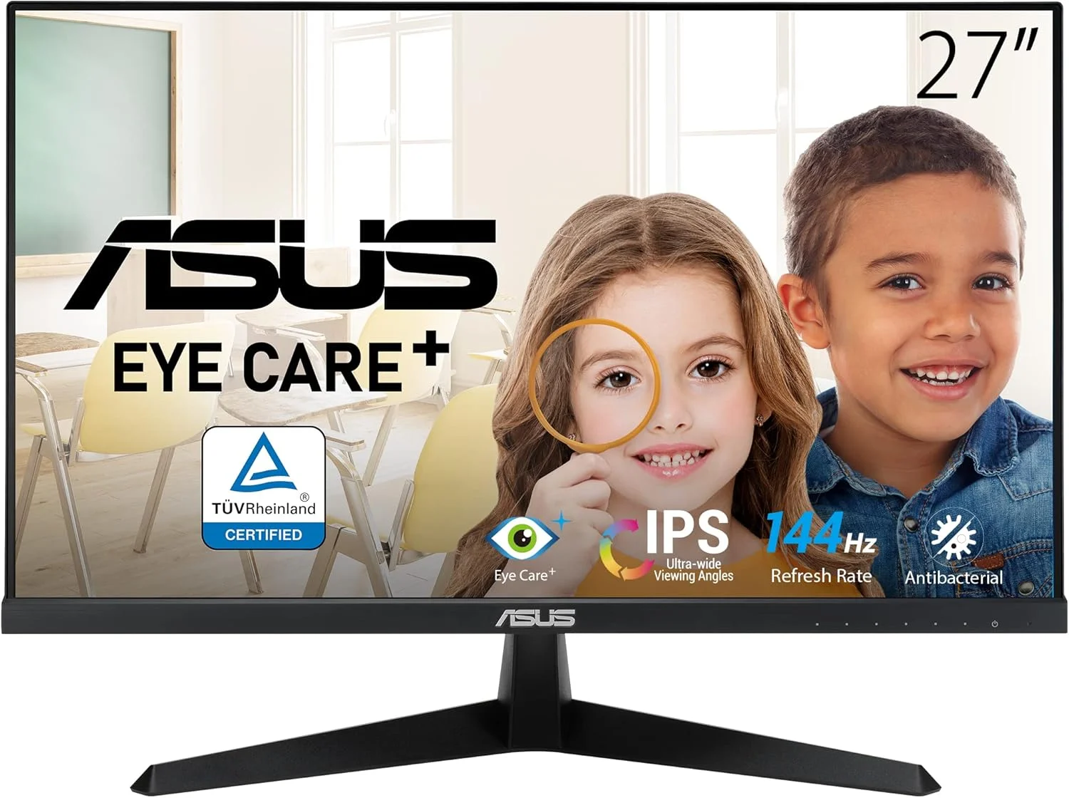 مانیتور گیمینگ مراقبت از چشم ASUS VY279HGE - سایز 27 اینچ FHD (1920 x 1080)، IPS، نرخ نوسازی 144 هرتز، IPS، فناوری SmoothMotion، زمان پاسخگویی 1 میلی‌ثانیه (MPRT)، FreeSync Premium™، فناوری Eye Care Plus، فیلتر نور آبی، بدون پرش تصویر، پوشش ضد باکتری