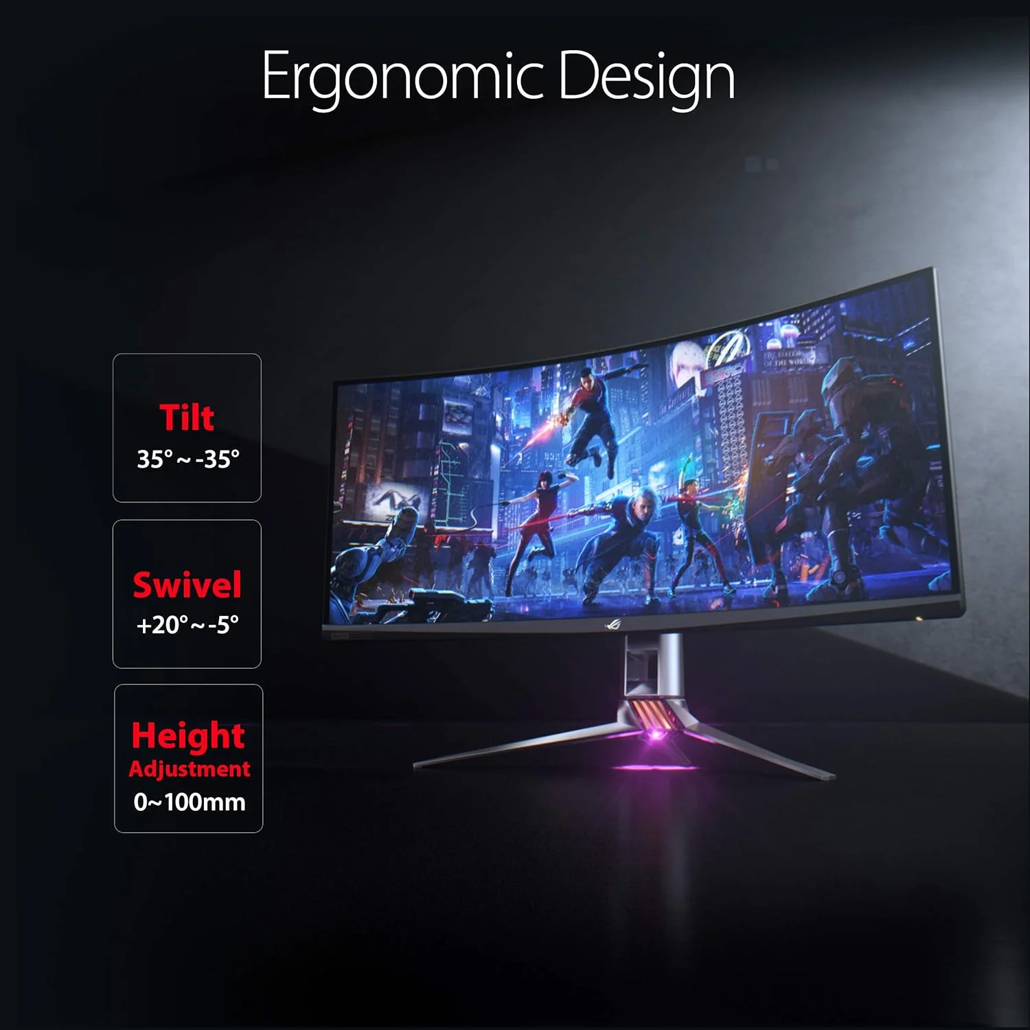 مانیتور گیمینگ خمیده ایسوس ROG Swift PG35VQ سایز 35 اینچ HDR با نرخ نوسازی 200 هرتز، رزولوشن 3440 در 1440، زمان پاسخگویی 2 میلی‌ثانیه، فناوری G Sync Ultimate، محافظت از چشم، DisplayPort، HDMI، USB و نورپردازی Aura Sync، HDR10 و HDR 1000، رنگ مشکی - تصویر 2