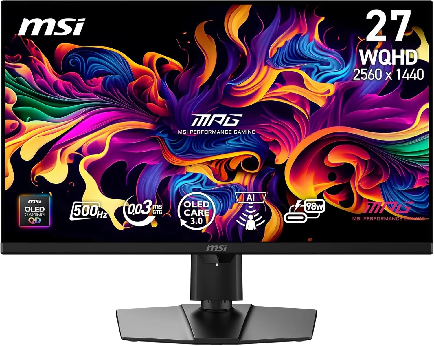 صفحه نمایش گیمینگ 27 اینچی MSI MPG 271QR QD-OLED X50 – Quantum Dot OLED 2560 x 1440، 500 هرتز/0.03 میلی‌ثانیه، DisplayHDR True Black 500، سنسور AI Care، HDMI 2.1، DP 2.1a، USB C (98 W PD)، مشکی
