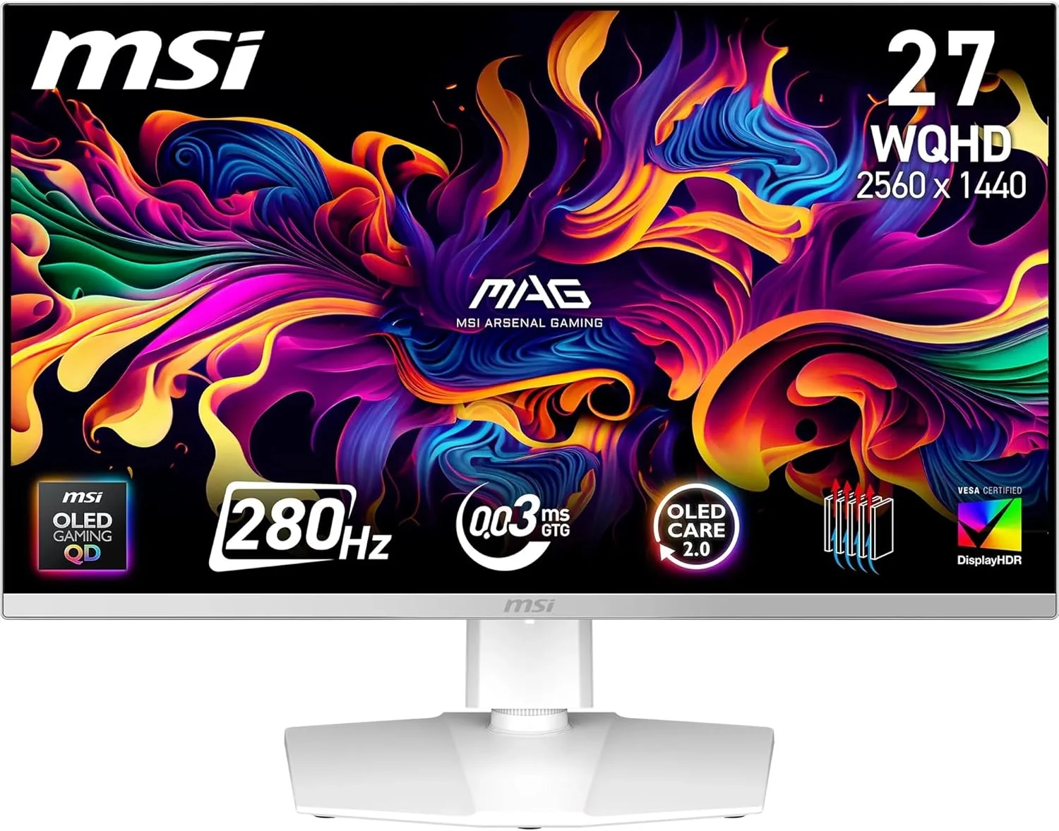 مانیتور گیمینگ MSI MAG 272QPW QD-OLED X28 27 اینچ WQHD، پنل OLED Quantum Dot 2560 x 1440، 280 هرتز، 0.03 میلی‌ثانیه، DisplayHDR True Black 400، HDMI 2.1، DP 1.4a، USB C (15 WPD)، سفید