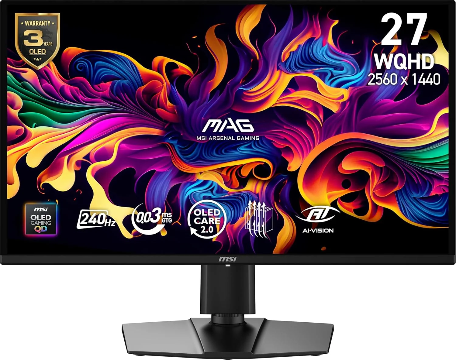 مانیتور گیمینگ 27 اینچی ام اس آی MAG 274QP QD-OLED X24، رزولوشن 2560x1440 (QHD)، نرخ نوسازی 240 هرتز، Adaptive Sync، HDMI، DisplayPort، قابلیت نصب VESA، قابلیت تنظیم شیب و ارتفاع، بلندگو، 0.03 میلی‌ثانیه، مشکی