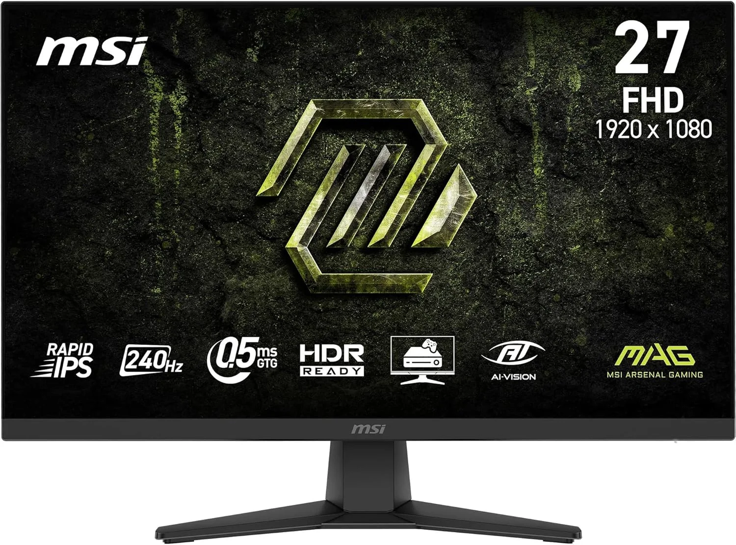مانیتور گیمینگ 27 اینچی MSI MAG 272F X24، رزولوشن 1920x1080، FHD Rapid IPS، نرخ بروزرسانی 240 هرتز، زمان پاسخگویی 0.5 میلی‌ثانیه، HDR ready، AMD FreeSync Premium، محافظت از چشم، AI vision، HDMI 2.0b، DP 1.2a، بدون حاشیه، قابلیت نصب Vesa، مشکی