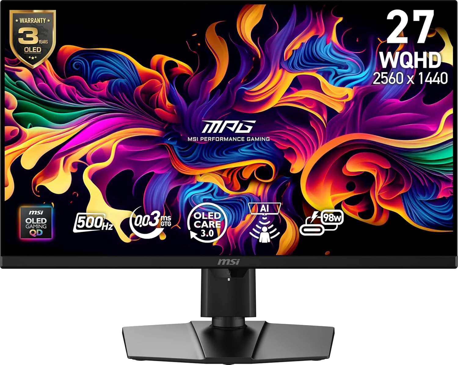 مانیتور گیمینگ 27 اینچی ام اس آی MPG 271QR QD-OLED X50، رزولوشن 2560x1440 (QHD)، نرخ نوسازی 500 هرتز، AMD Adaptive-Sync، HDR Ready، پورت HDMI، پورت VGA، قابلیت نصب VESA، قابلیت تنظیم شیب، حاشیه باریک 4 طرفه، 0.03 میلی ثانیه، مشکی