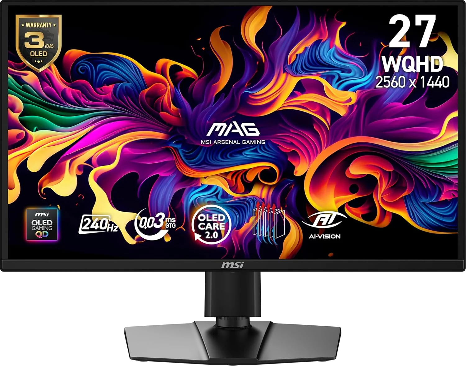 مانیتور گیمینگ 27 اینچی ام اس آی MAG 272QP QD-OLED X24، رزولوشن 2560x1440 (QHD)، نرخ نوسازی 240 هرتز، Adaptive-Sync، HDMI، DisplayPort، قابلیت نصب VESA، قابلیت تنظیم شیب و ارتفاع، بلندگو، 0.03 میلی‌ثانیه، مشکی