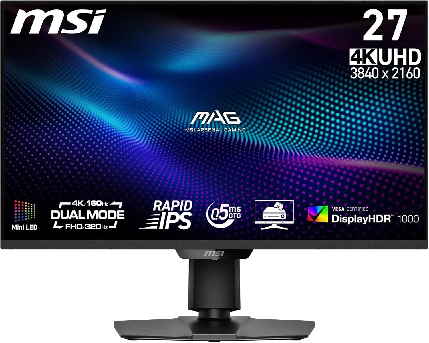 مانیتور گیمینگ 27 اینچی MSI مدل MAG 274UPDF E16M، رزولوشن 4K UHD، 3840x2160، پنل Fast IPS، زمان پاسخگویی 0.5ms، DisplayHDR 1000، نور پس زمینه Mini-LED، حالت دوگانه، HDMI 2.1، DP 1.4a، USB C (15WPD)، قابلیت تنظیم ارتفاع و زاویه، مشکی