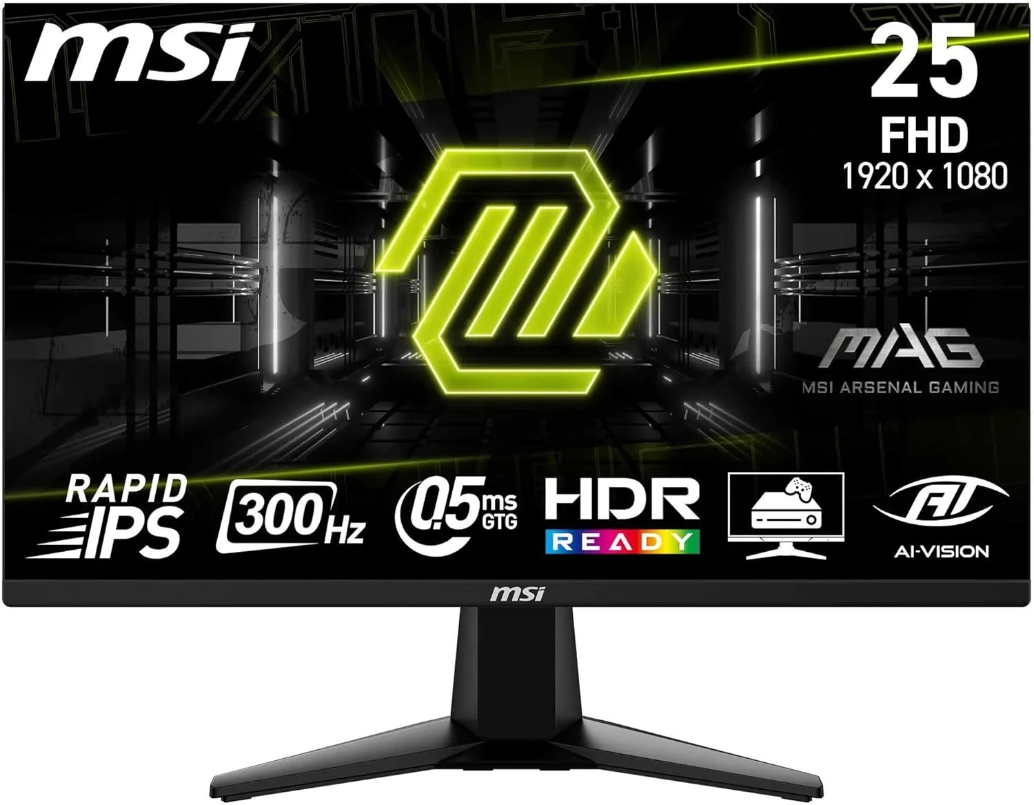 مانیتور گیمینگ 24.5 اینچی MSI Mag 255XF FHD، پنل IPS سریع 1920x1080، نرخ نوسازی 300 هرتز / 0.5 میلی‌ثانیه، پوشش 120% sRGB، طراحی بدون حاشیه، HDR Ready، DisplayPort 1.4a، HDMI، مشکی