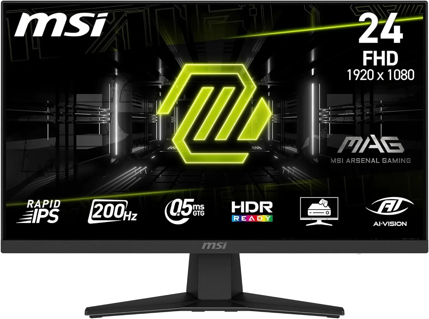 مانیتور گیمینگ 24 اینچی MSI MAG 244F، مراقبت از چشم، FHD 1920x1080، IPS، بدون حاشیه، 200 هرتز، 0.5 میلی‌ثانیه، HDR Ready، AMD FreeSync Premium، AI Vision، پورت HDMI و DP، قابل تنظیم شیب، Vesa، مشکی