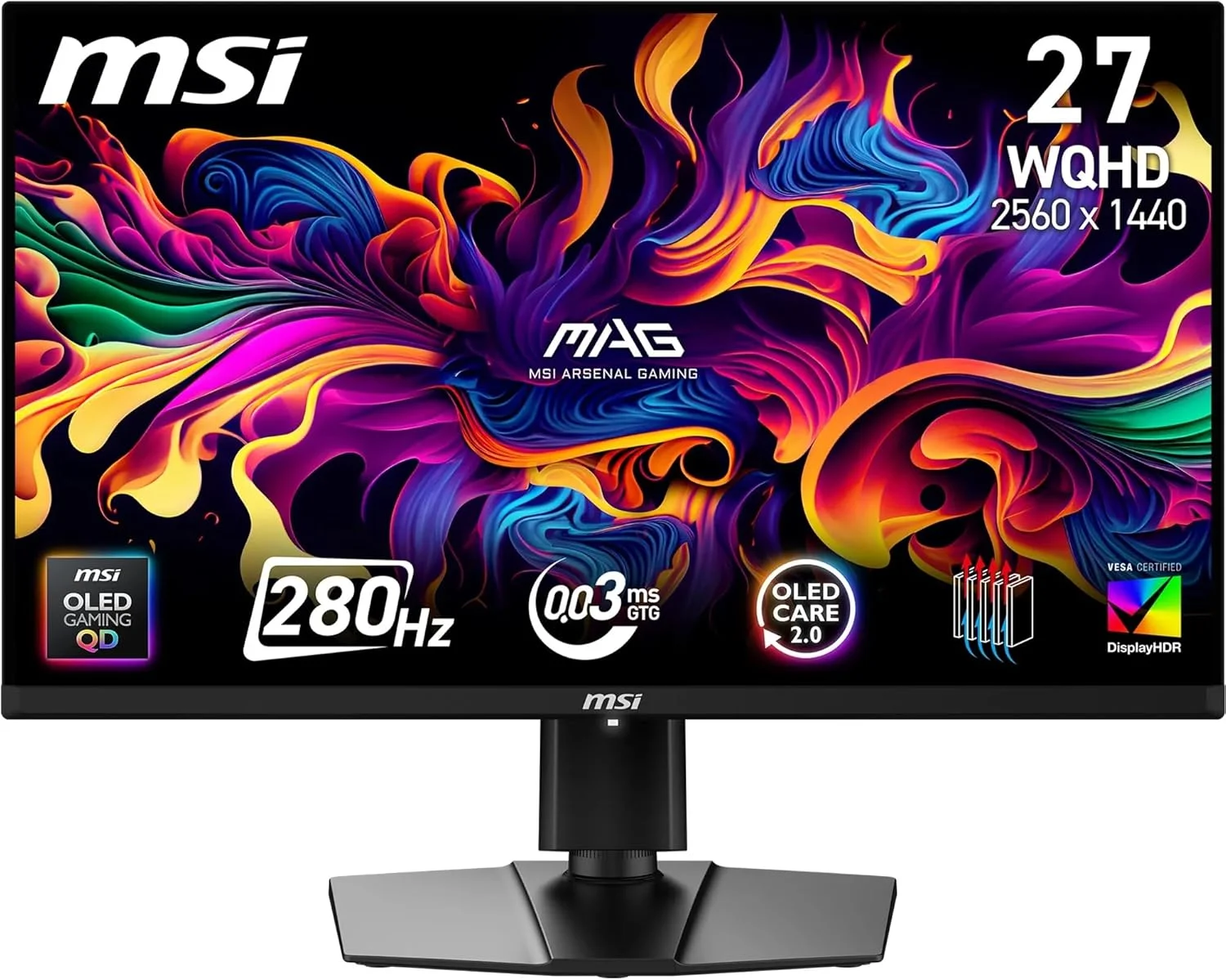 مانیتور گیمینگ 27 اینچی MSI MAG 271P QD-OLED X28 WQHD - کوانتوم دات OLED 2560 x 1440، 280 هرتز / 0.03 میلی‌ثانیه، DisplayHDR True Black 400، HDMI 2.1، DP 1.4a، USB-C (PD 15W)، قابلیت تنظیم ارتفاع و شیب