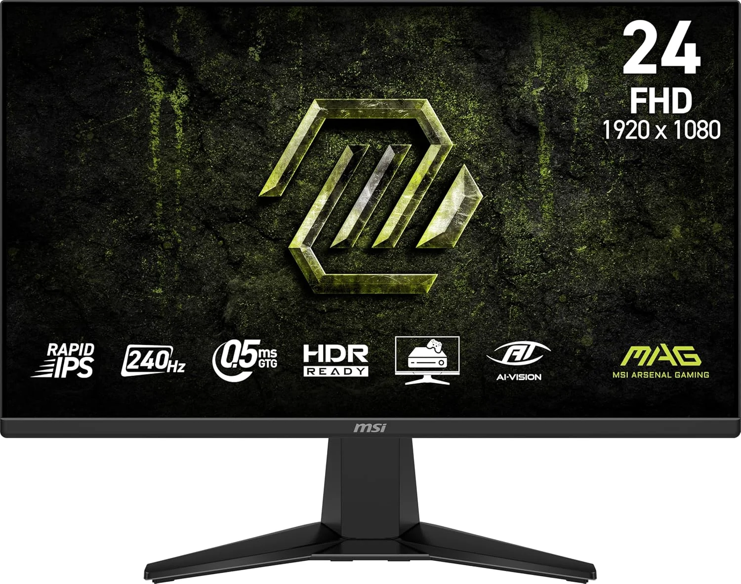 مانیتور گیمینگ ام اس آی MAG 245F X24 سایز 24 اینچ، رزولوشن 1920x1080 (FHD)، نرخ بروزرسانی 240 هرتز، FreeSync Premium، سازگار با HDR، دارای پورت HDMI و VGA، قابلیت نصب VESA، قابلیت تنظیم شیب، حاشیه بسیار باریک از 4 طرف، زمان پاسخگویی 0.5 میلی‌ثانیه، مشکی