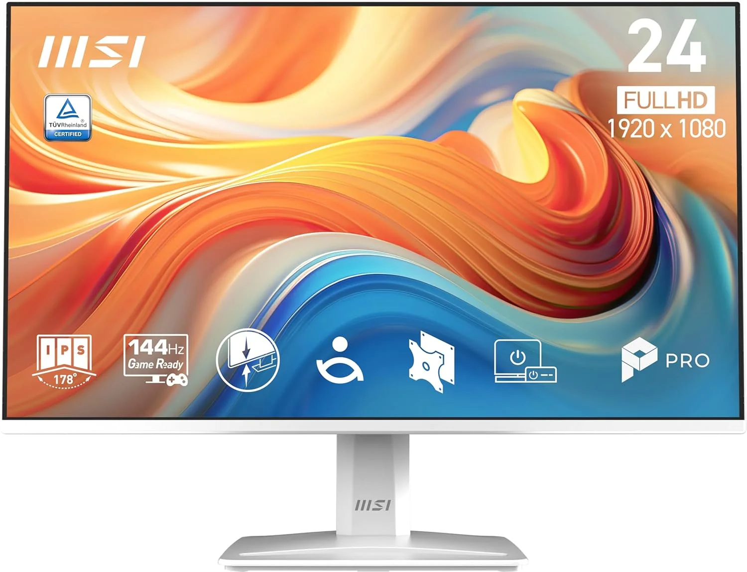 مانیتور 24 اینچی MSI PRO MP243W E14 IPS با رزولوشن 1920x1080 (FHD)، نرخ تازه‌سازی 144 هرتز، Adaptive Sync، HDR Ready، دارای پورت HDMI و Display Port، قابلیت نصب VESA، قابلیت تنظیم شیب و حاشیه باریک