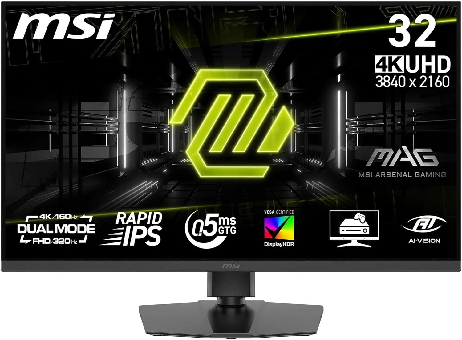 مانیتور گیمینگ MSI MAG 322URDF E16 سایز 32 اینچ 4K UHD 3840x2160 Rapid IPS با زمان پاسخگویی 0.5ms، DisplayHDR 400، محافظت از چشم، هوش مصنوعی، HDMI 2.1 دو حالته، DP 1.4a، پشتیبانی قابل تنظیم شیب/ارتفاع - مشکی