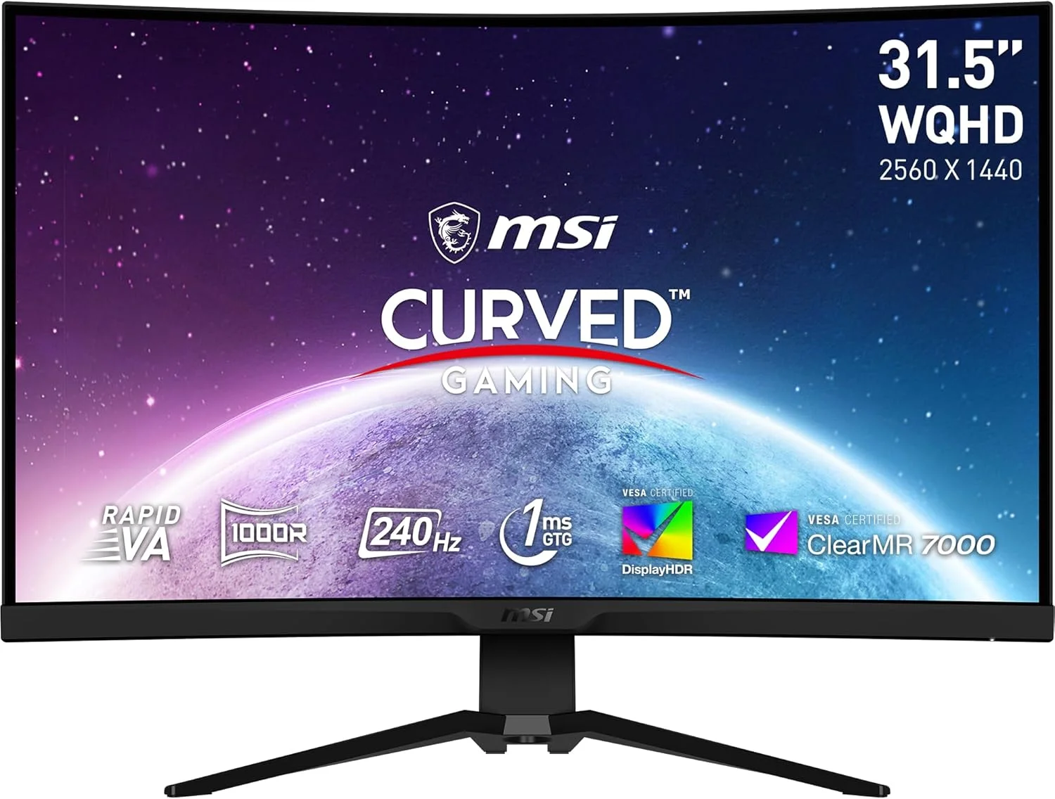 مانیتور گیمینگ خمیده MSI MAG325CQRXF سایز 32 اینچ Rapid VA، رزولوشن 2560x1440 (QHD)، زمان پاسخگویی 1 میلی‌ثانیه، نرخ تازه‌سازی 240 هرتز، FreeSync، HDR400، انحنای 1000R، دارای HDMI، DisplayPort، قابلیت تنظیم ارتفاع و شیب، مشکی