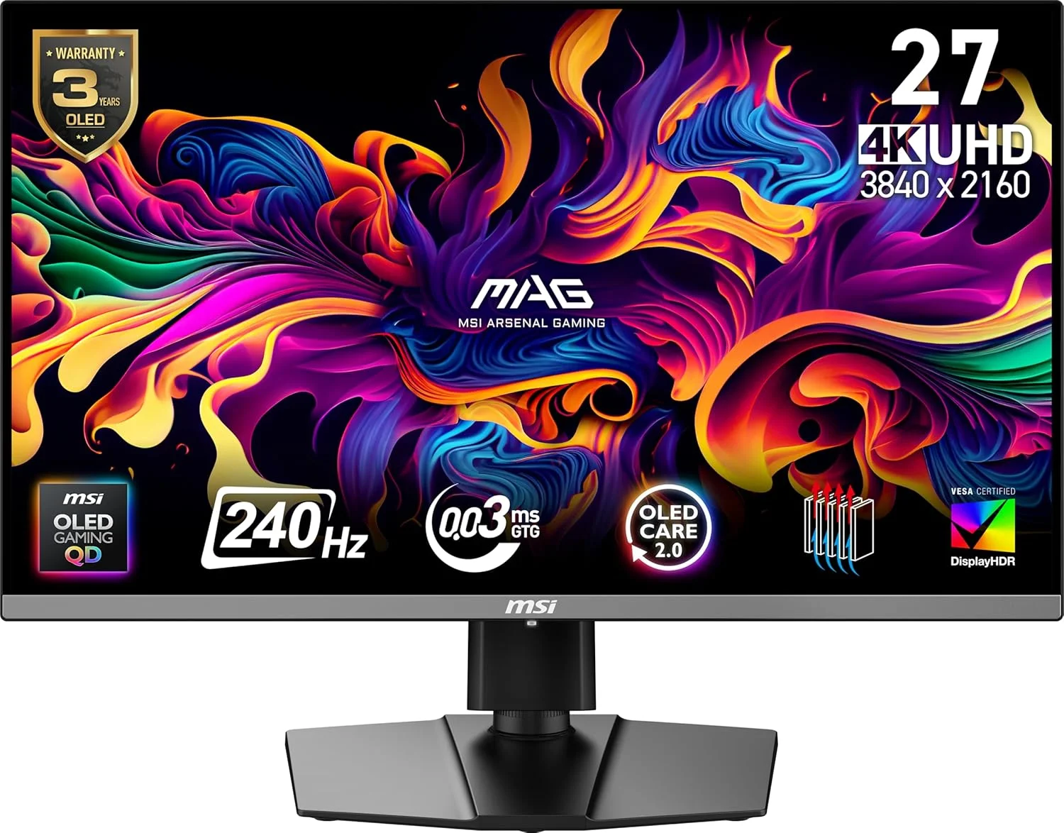 مانیتور گیمینگ MSI MAG 272UP QD-OLED X24 با ابعاد 26.5 اینچ، رزولوشن 3840x2160 (UHD)، نرخ بروزرسانی 240 هرتز، AMD Adaptive-Sync، HDR Ready، پورت HDMI، پورت VGA، قابلیت نصب VESA، قابلیت تنظیم شیب، حاشیه باریک 4 طرفه، 0.03ms، مشکی
