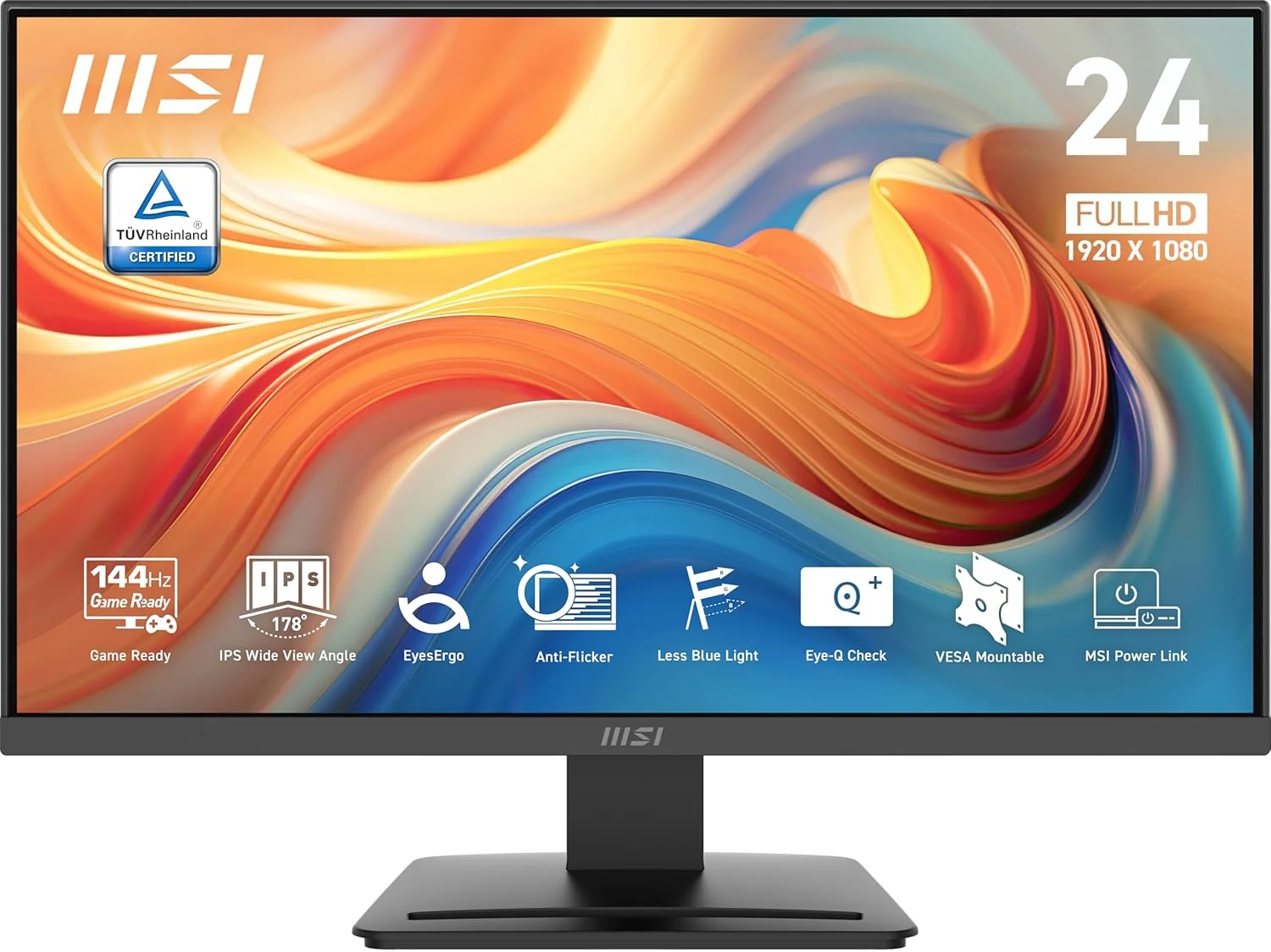 مانیتور 24 اینچی ام اس آی PRO MP243L E14، پنل IPS، رزولوشن 1920x1080 (FHD)، نرخ نوسازی 144 هرتز، Adaptive-Sync، HDR Ready، دارای پورت HDMI و VGA، قابلیت نصب VESA، قابلیت تنظیم زاویه، حاشیه باریک 4 طرفه، زمان پاسخگویی 1 میلی ثانیه، مشکی